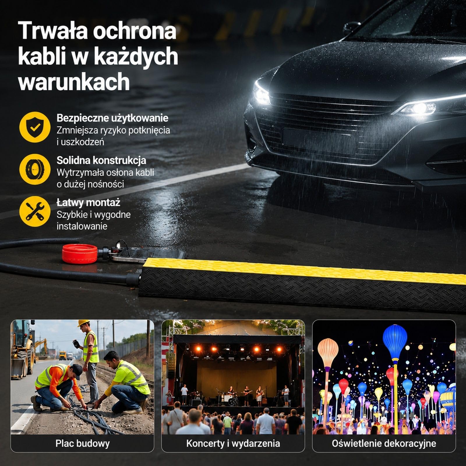 Gumowa rampa kablowa z 2 kanałami, listwa podłogowa, 1 sztuka do domu, biura i magazynu