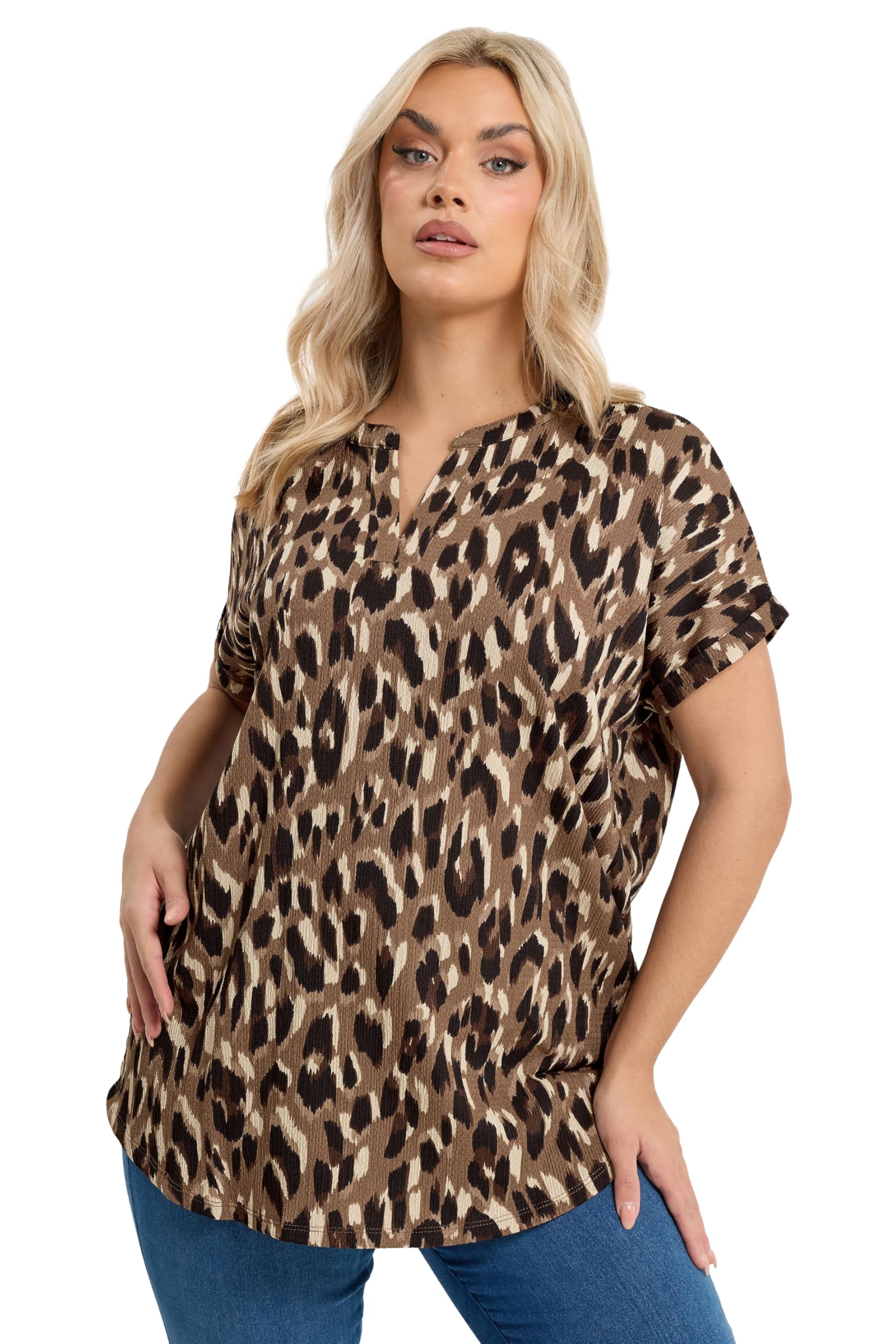 Yours Women's Brown Leopard Print Notch Neck Top In | Size: 22-24