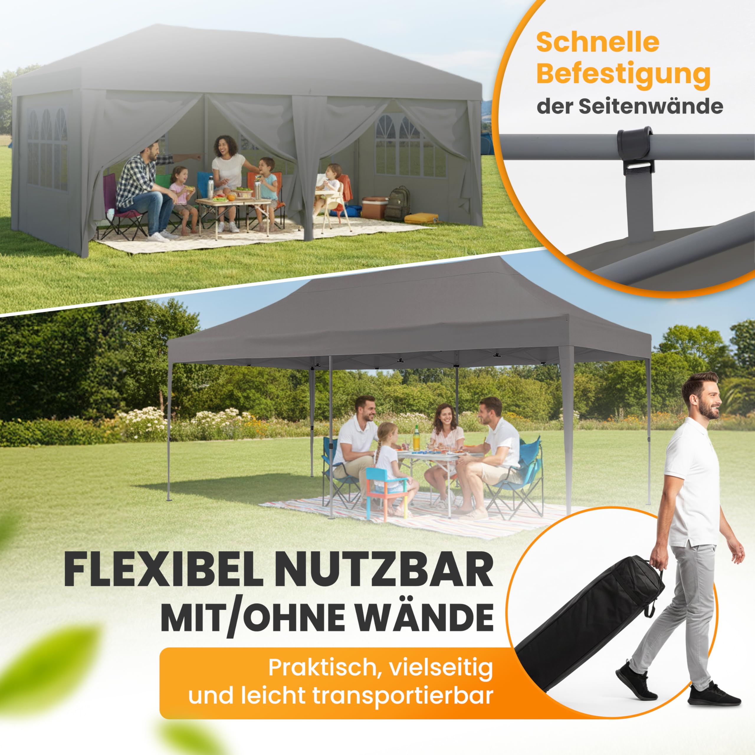 NATURIZ® Pavillon 3x6 Wasserdicht, Stabil und UV 50+ Schutz - Faltpavillon mit Seitenwänden hochwertig- Pop Up Zelt für Garten, Camping, Märkte - Partyzelt, Gartenpavillon, Gartenzelt (Grau, 3x6m)