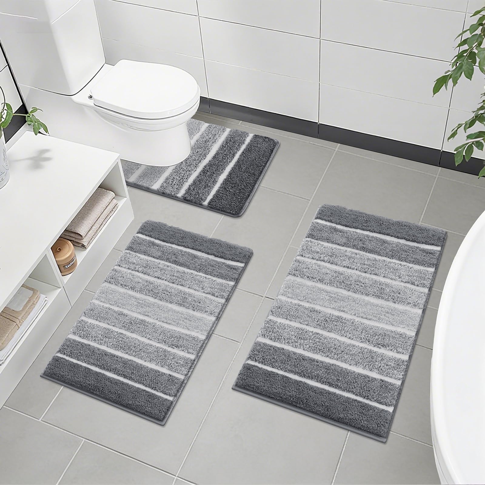 SHACOS Non-Slip Bath Mats, Sets 3 Piece Absorbent Washable Extra Soft Microfiber Bathroom Rug for Bathroom Floor, Grey