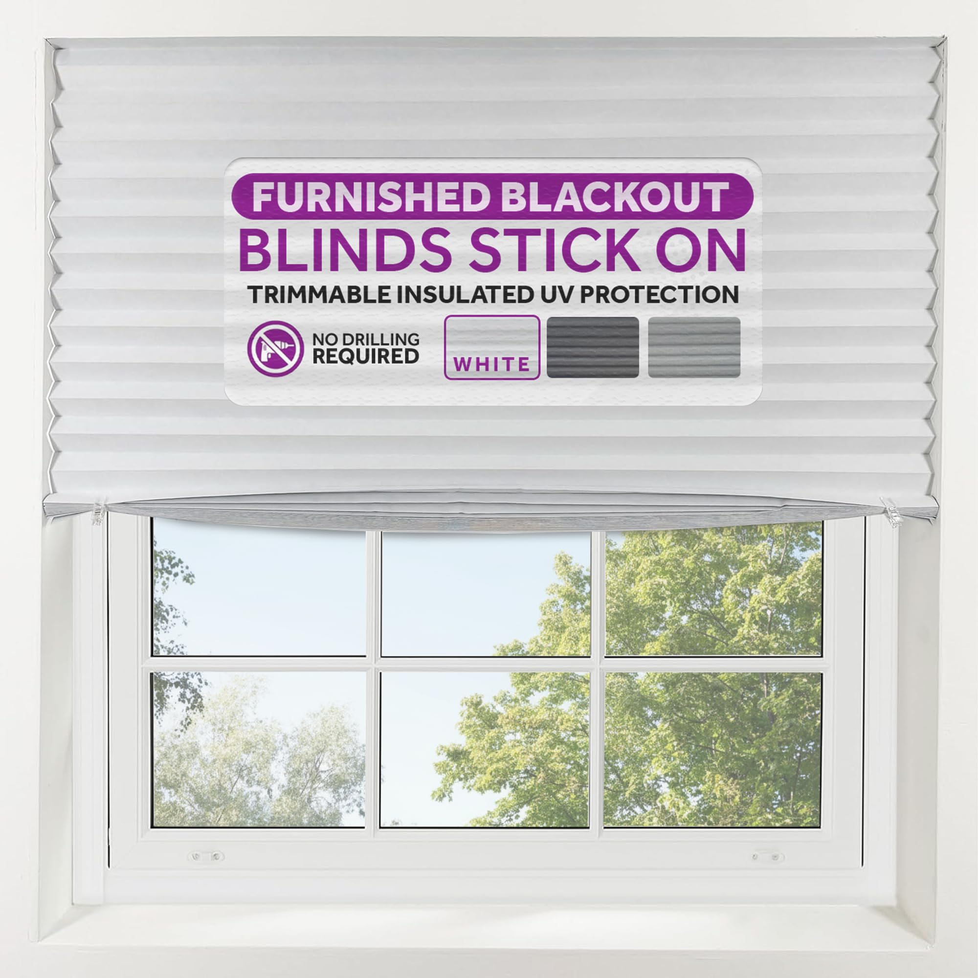FURNISHED Blackout Blinds Stick On - Portable No Drill Blind, Temporary Blackout Cover, No Drilling Pleated Shades, Stick-on Black Out Blinds Window, Removable Blockout Shutters, White, 115W x 150H cm