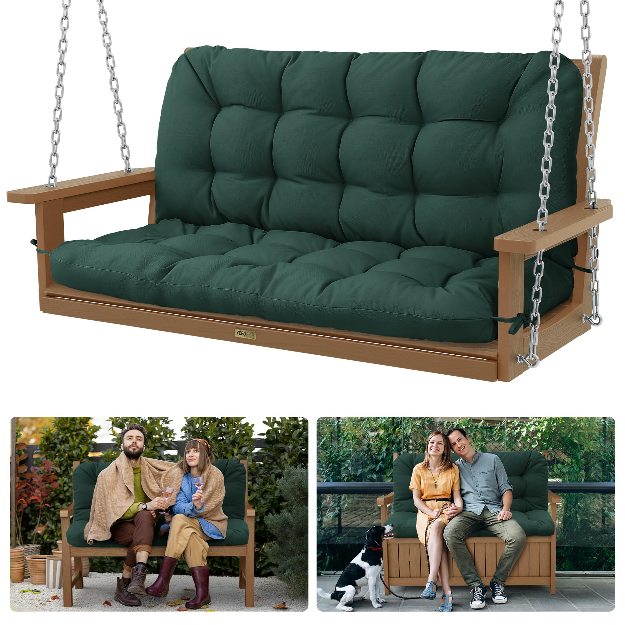 YEFU Extra Thick 5" Waterproof Porch Swing Cushions - Outdoor Swing Cushions 2-3 Seater Replacement with Backrest and Ties -Swings Cushion for Outdoor Furniture for Patio Backyard Dark Green 48*40 in