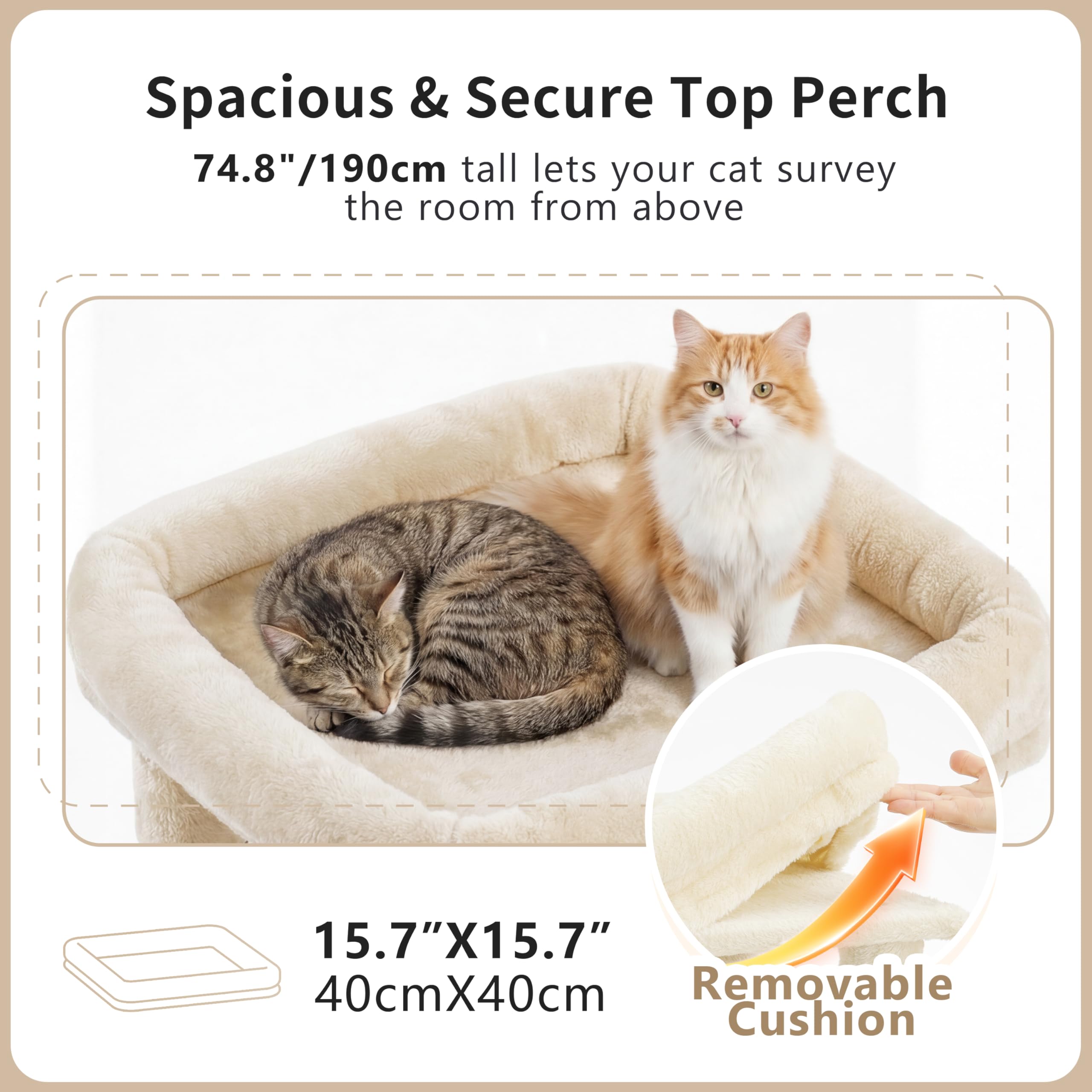 Heybly Árbol Rascador para Gatos Grandes, 190 cm Rascador para Gatos XXL, Torre Alta y Espaciosa con Amplia Plataforma Superior, Base Estable, 2 Casitas, Hamaca y Postes de Sisal, Beige HCT062MJ