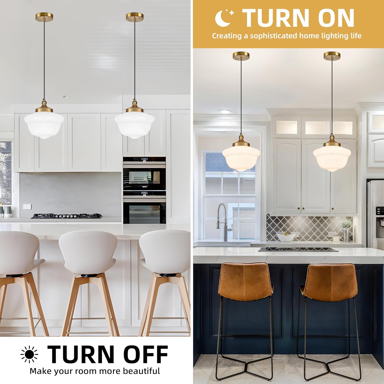 10" Milk Glass Pendant Light Gold Schoolhouse Light Fixture Schoolhouse Pendant Light Milk Glass Light Fixture Mid Century Modern Ceiling Light for Bedroom Bathroom Kitchen Island (Bulb Incl)