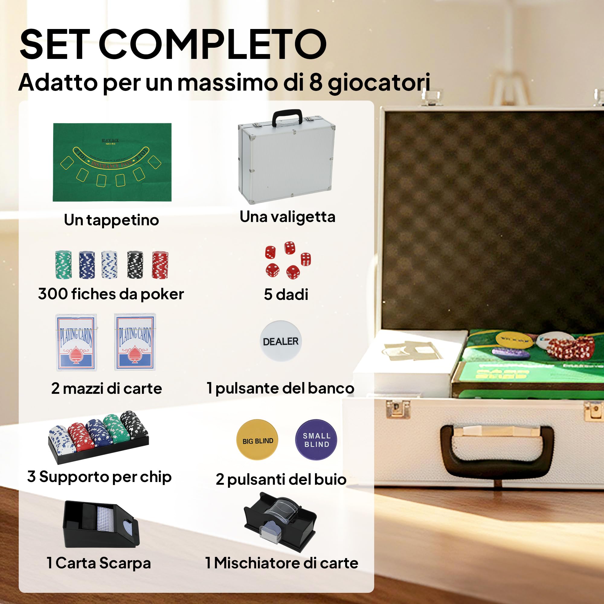 SPORTNOW Set da Poker Completo con 300 Fiches, Mescolatore di Carte, Distributore di Carte, 2 Mazzi di Carte, Tappetino, 5 Dadi, Pulsante Dealer e Valigetta per 8 Giocatori, Argento