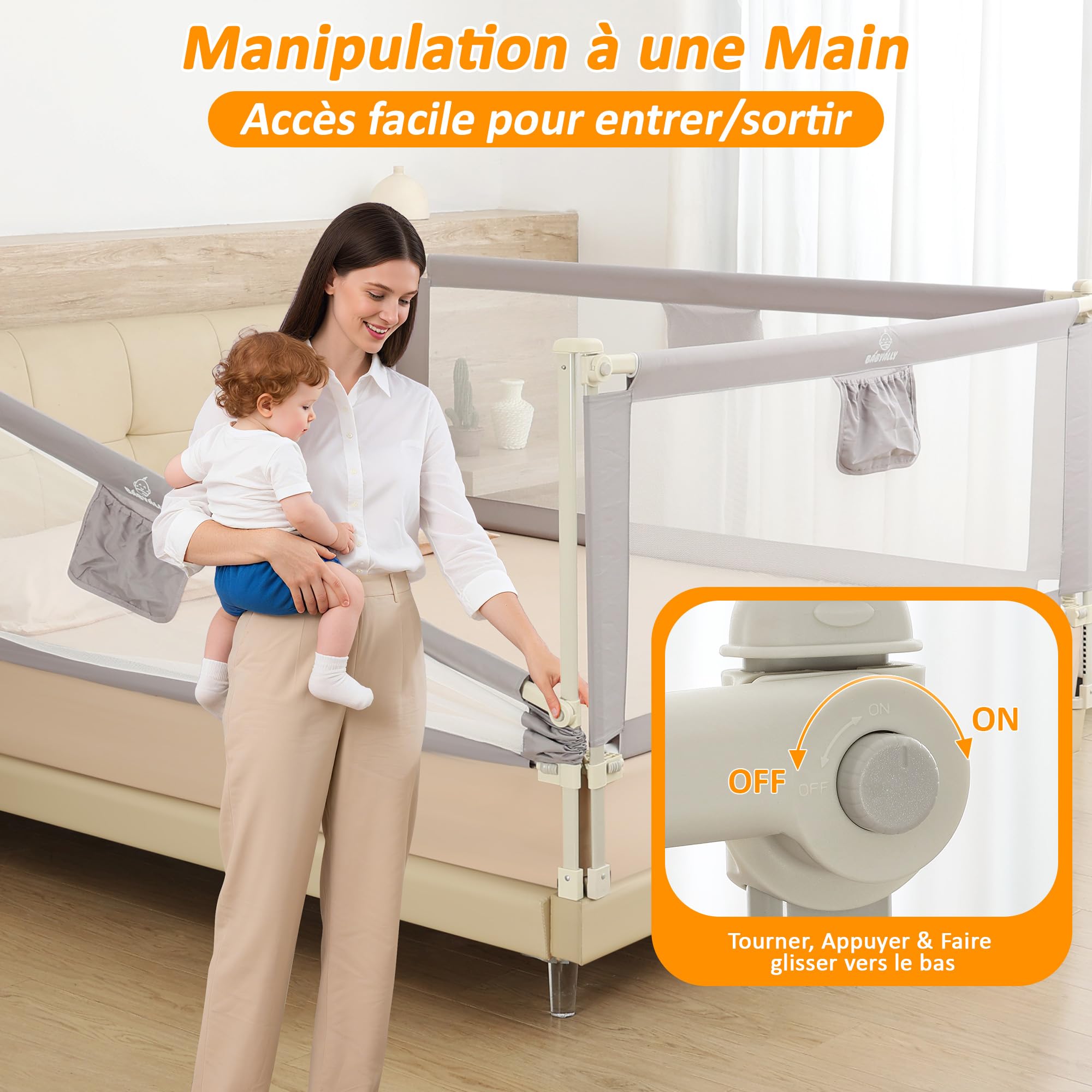 Barrière de lit enfant pliable 140cm sécurité avec élévation verticale double verrouillage