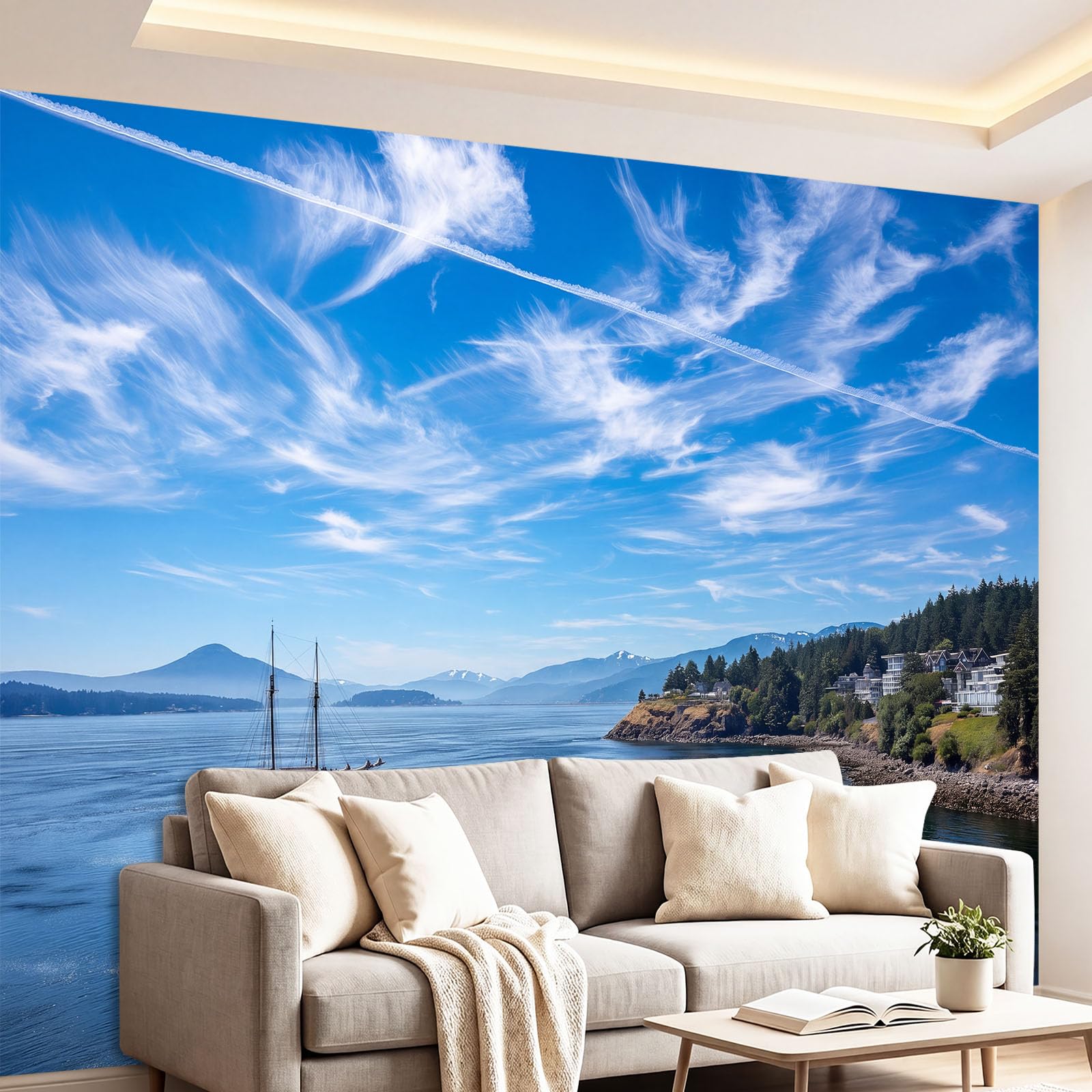 Générique Carta da parati con barca a vela, cielo blu, 300 x 210 cm (WxH) Poster gigante da parete 3D, moderno minimalista da parete, murale in tessuto non tessuto per soggiorno, camera da letto e