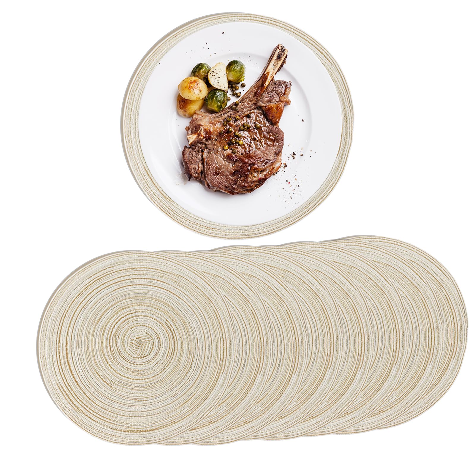 Juego de 8 Manteles Individuales Redondos Lavables 38 cm Trenzado, Antideslizante Salvamanteles Mantel Individual Redondo Beige, Place Mats for Dining Table, para la Mesa de Cocinaa，Lavables Trenzados