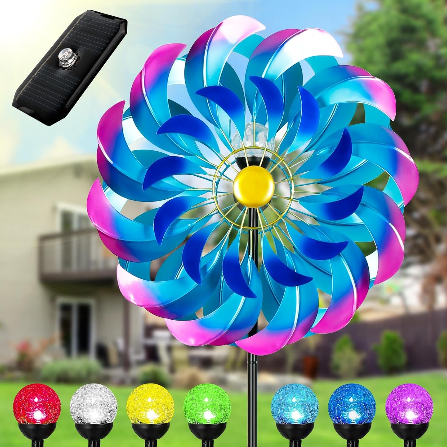 Solar Wind Spinners Outdoor, Metal Large Garden 24" Windmill with Solar Light, 7 Color LED, Wind Sculpture for Yard & Lawn, 5 Legs Ground Stake, 84.6" to 49.8" Height, Large Wind Spinner