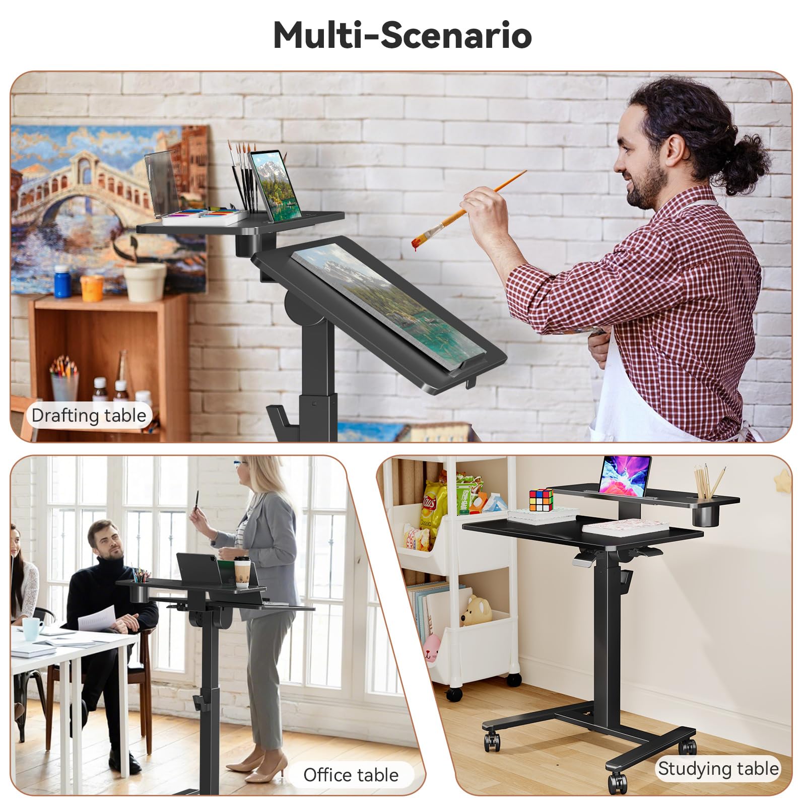28Inch Rolling Standing Desk On Wheels Small Computer Workstation Adjustable Height Mobile Laptop Stand with Tiltable Desktop 2-Tier — view 9