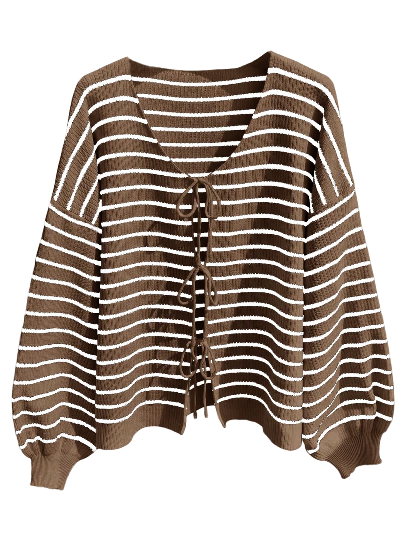 Womens Plus Size Striped Cardigan Sweater Tie Front Long Sleeve V Neck Knitwear Tops