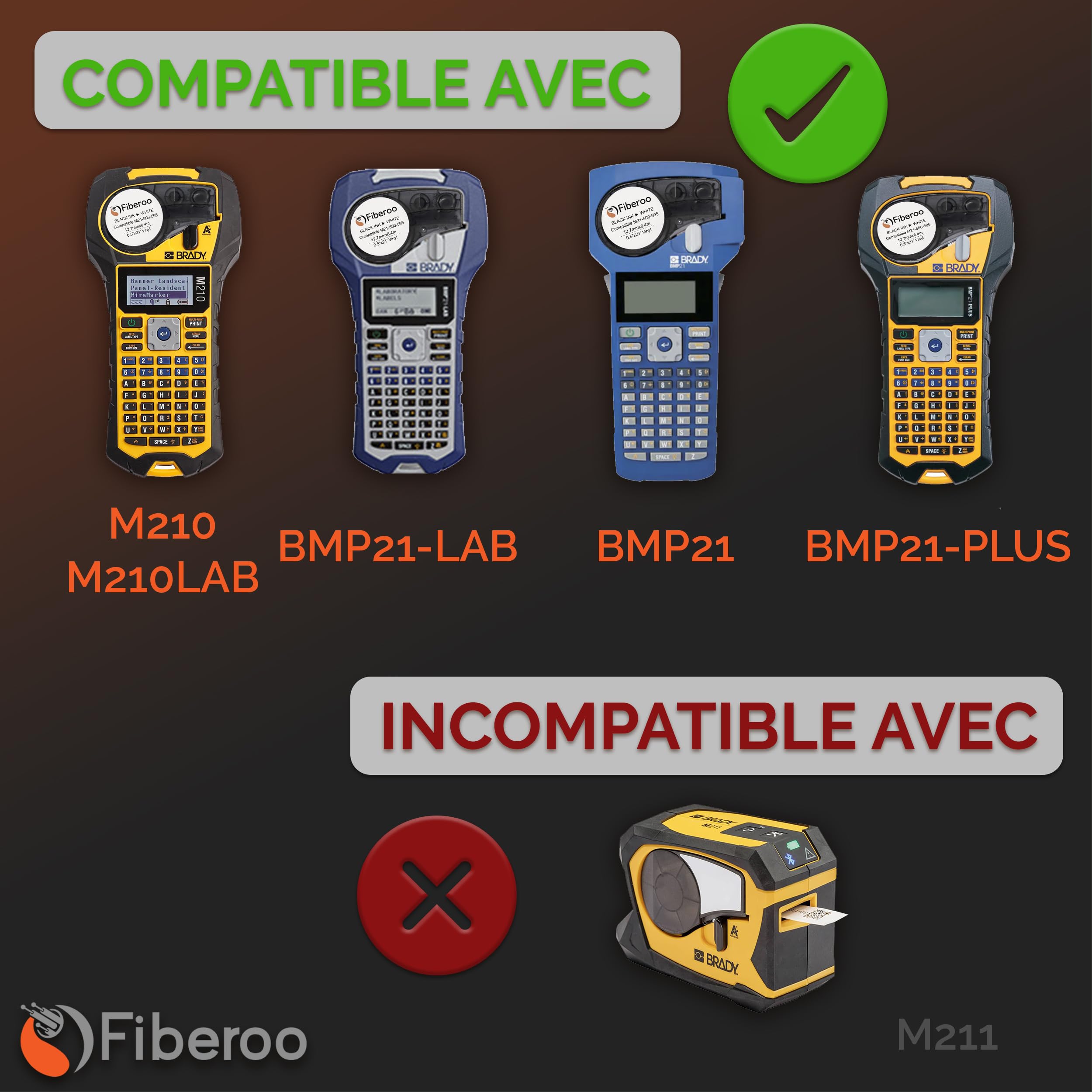 Recambio compatible M21-1500-427 para BMP21 PLUS & BMP21 LAB no apto para M210 & M211 Cinta adhesiva vinilo imprimible escritura negra sobre blanco fibra óptica, cables de red: lote de 3