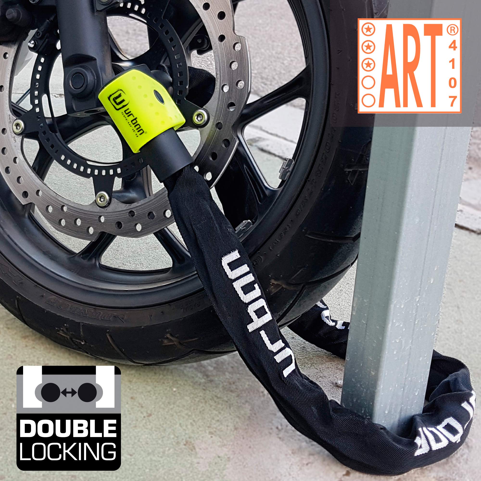 Urban 10K120 Cadena Antirrobo Alta Seguridad Homologado Art3, Ø10, 120Cm, Multicolor, 120 Cm + Ur6 Candado Antirrobo Disco Con Alarma + Warning 120Dba, 6 Mm, Made In Eu, Amarillo Flúor, Única