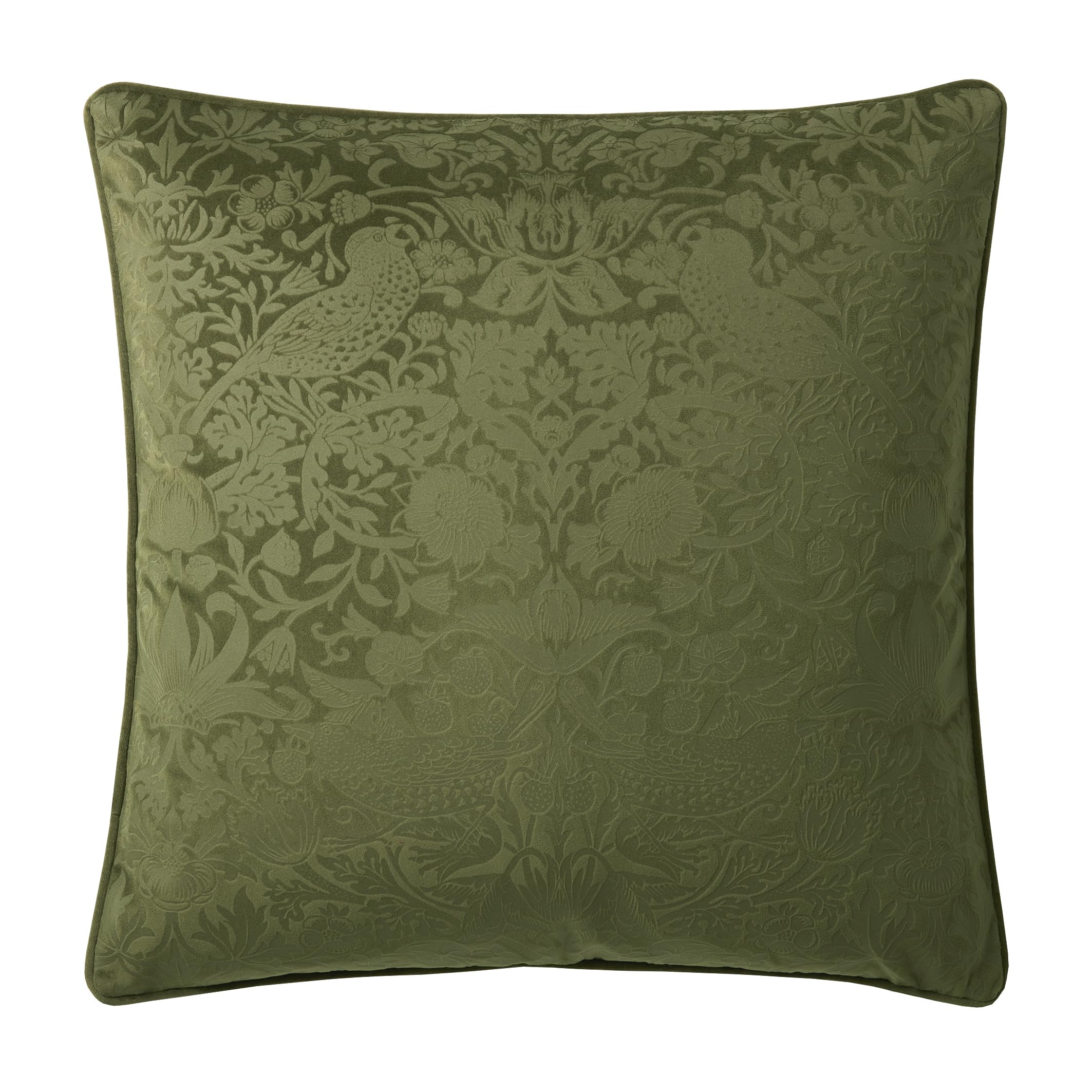 William Morris At Home Strawberry Thief Embossed Cushion In Olive