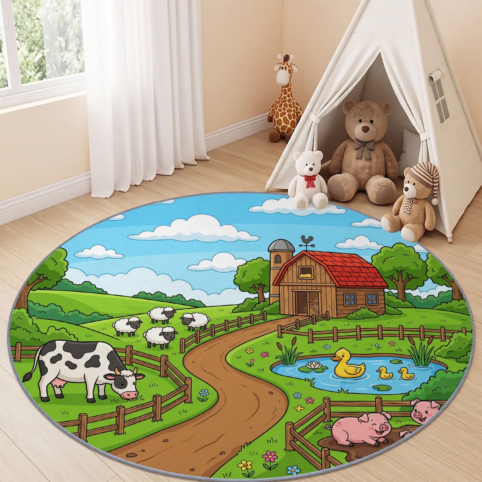 Générique Tapis Rond Vert 120 cm, Tapis à Poils Courts Lavable, Rond, Antidérapant et Doux, Design Dessin Animé Animal Grange Ludique en Dessin Animé pour Pépinière