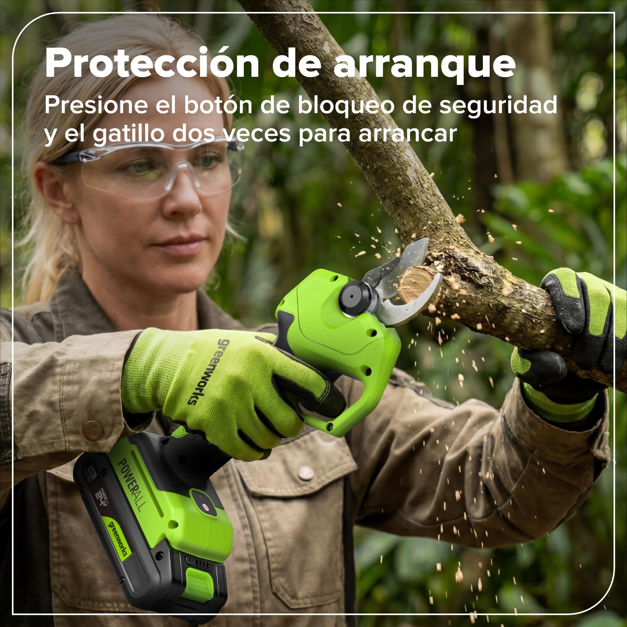 Greenworks Tijera Eléctrica 24V con Poste Telescópico 1,29–2,00 m, Motor Brushless, Cuchillas Acero, Apertura 22/32 mm, Pantalla LED, con Batería 2,0Ah & Cargador USB-C 30W LP24BLA1
