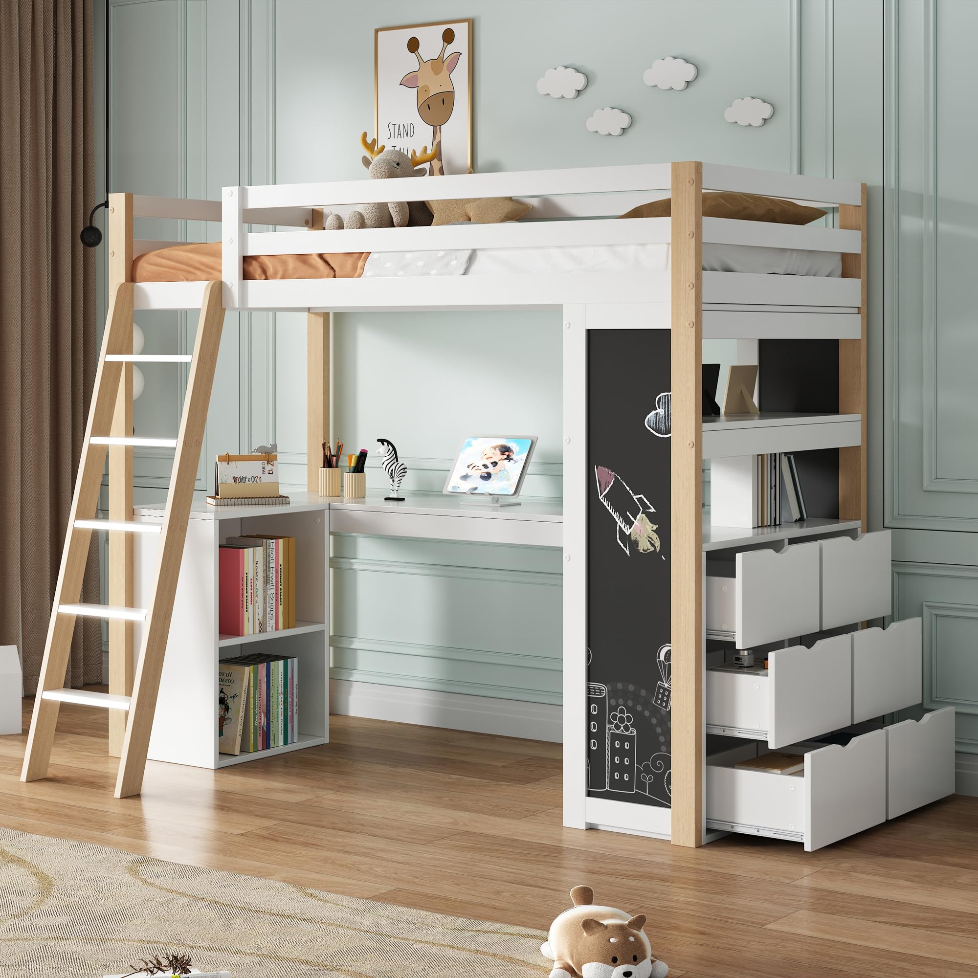 Sapgaks Lit superposé Enfants 90x200 avec Bureau,lit Mezzanine 1 Places 90x200 avec Compartiment de Rangement,avec échelle,Grand tiroir, Tableau Noir,étagère,Blanc + Naturel