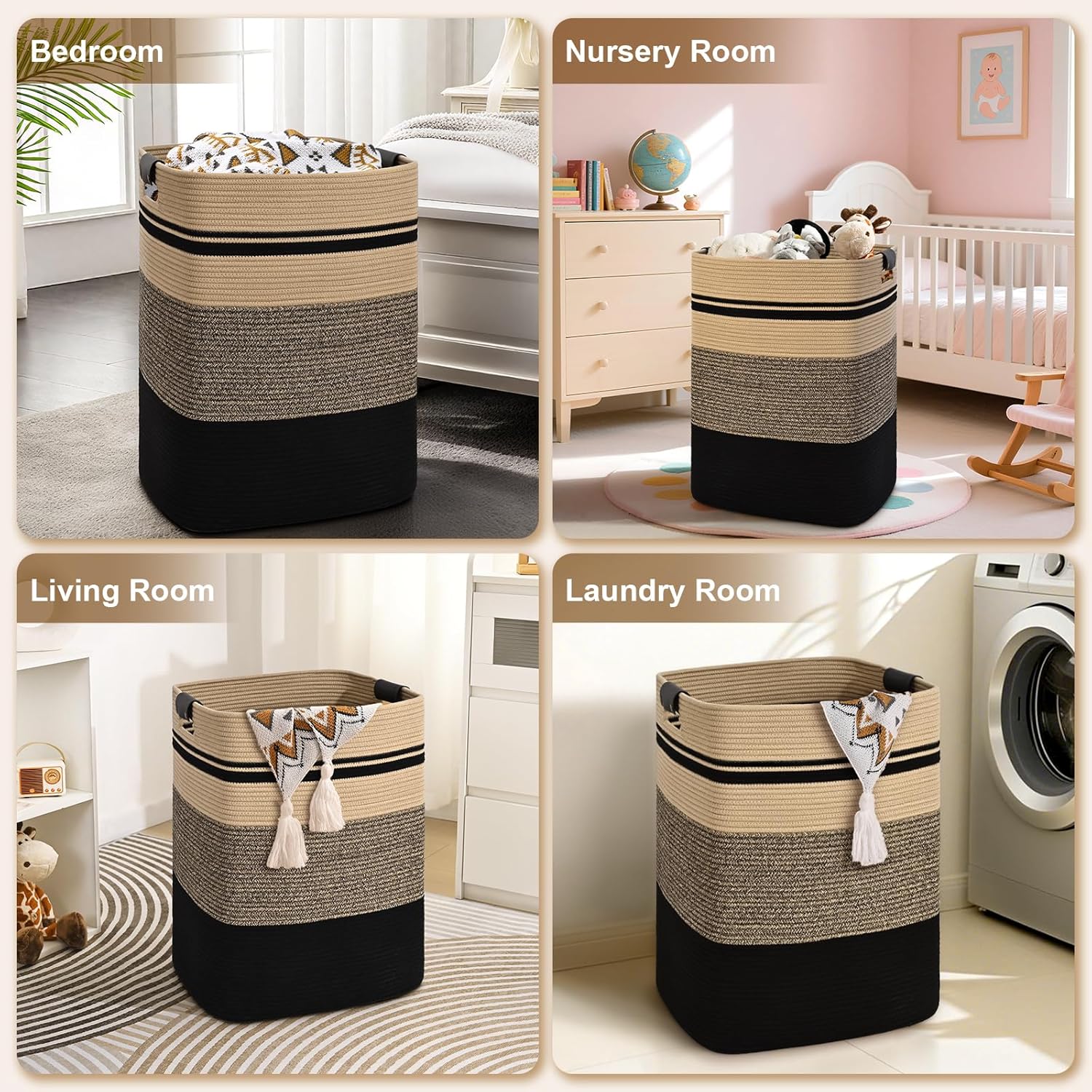 Laundry Hamper, 85L Tall Laundry Basket with Leather Handles, Rectangle Large Clothes Hamper for Organizing, Cotton Woven Laundry Baskets Storage Hampers for Bedroom, Nursery, Living Room