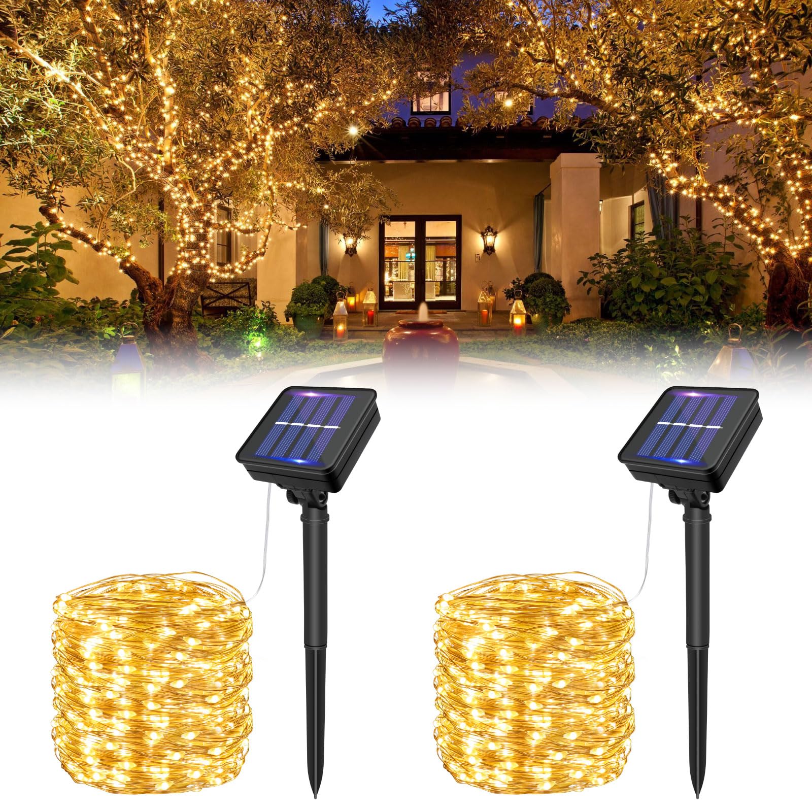 SCNNC Guirnaldas Luces Exterior Solar, 15M+2M 150LED luces solares led exterior jardin 8 Modos Blanco Cálido, Cadena de Luces Decoracion para Jardín Patio Bodas Árbol Terraza Fiestas, 2 Pack