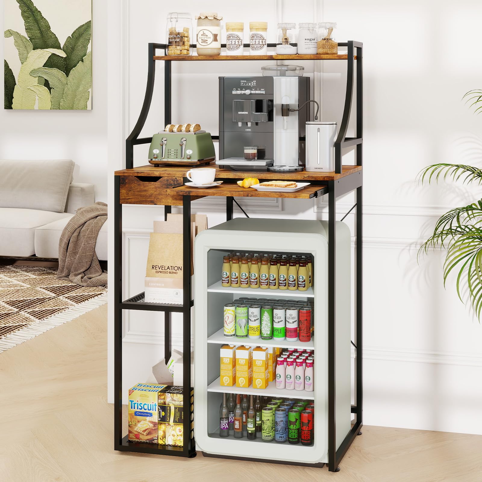 PUNCIA 5Tier Mini Fridge Stand with Fridge Space Multifunctional Baker Rack | Microwave Stand with Drawer, Pull-Out Tray, Over Mini Fridge Storage