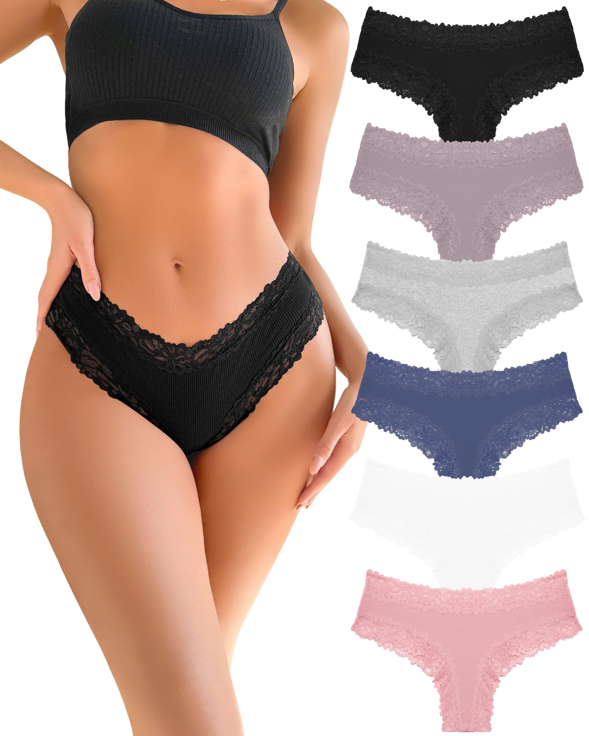 FINETOO Unterhosen Damen Baumwolle Spitze Brazilian Slip Damen Sexy Unterwäsche Frauen Atmungsaktiv Pantys Hipster Mehrpack 6