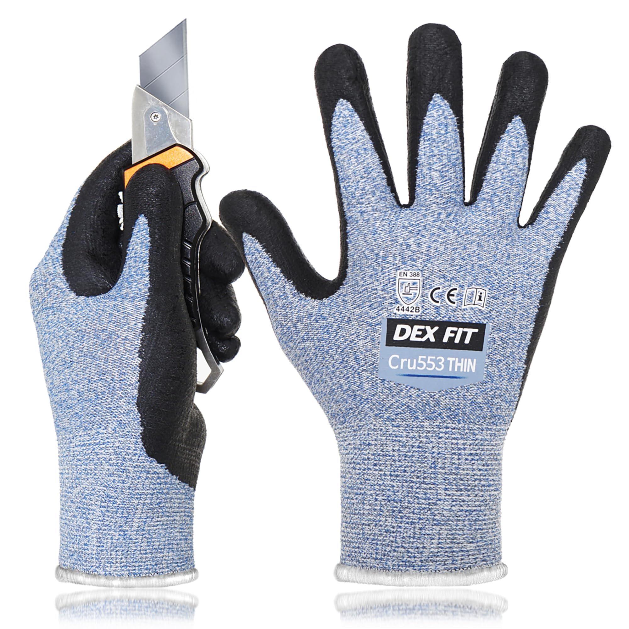 DEX FIT Level 5 Extreme Cut Resistant Gloves Cru553 Thin, Non-Slip Power Grip, Professional Grade 3D Comfort Fit, Thin & Lightweight, Breathable,