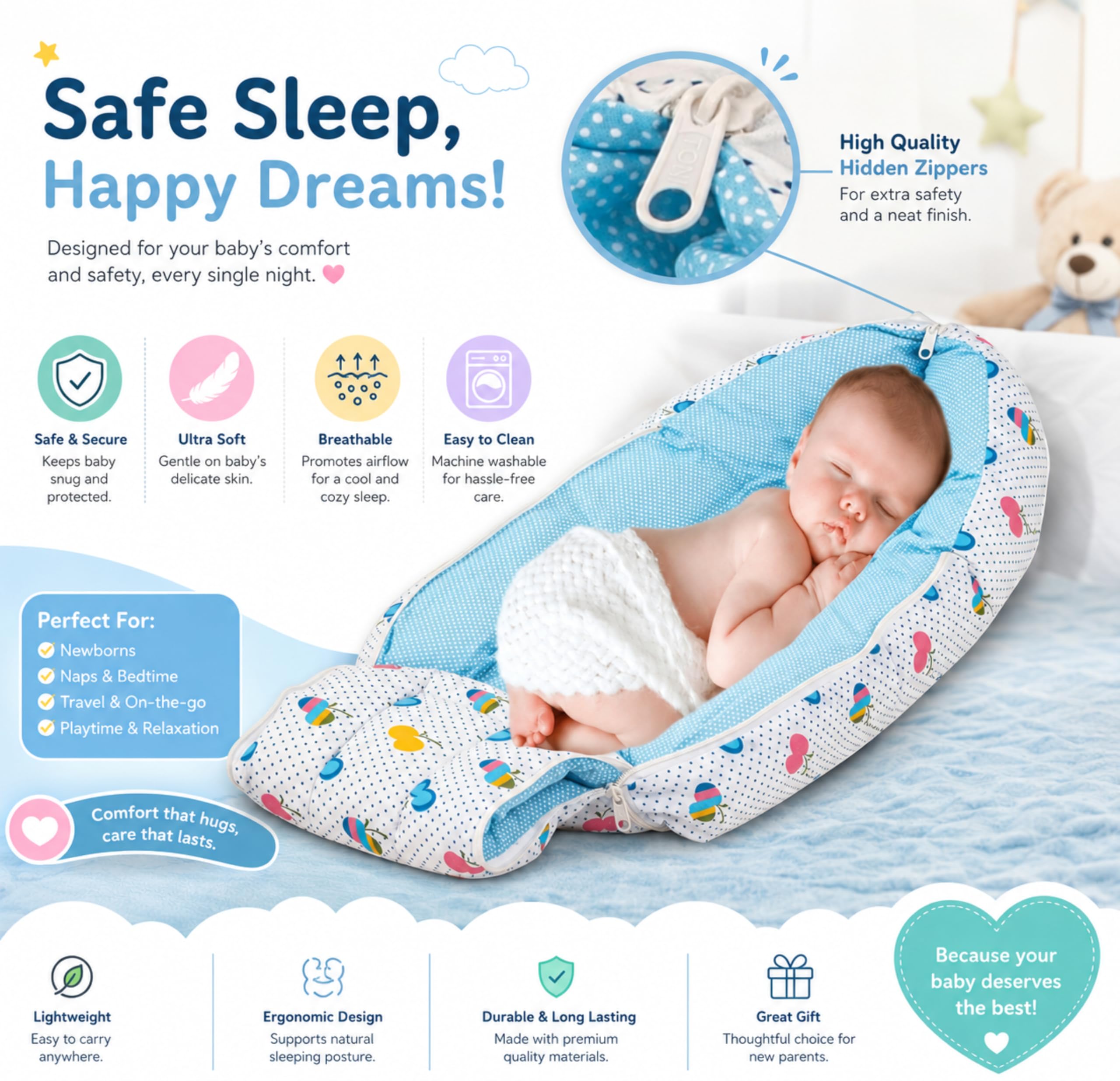 Mommers Baby Sleeping Bag for Newborn Baby | Soft Baby Wrapper Cum Carry Nest with Head Support | Reversible & Lightweight Baby Bedding for 0-6 Months 1