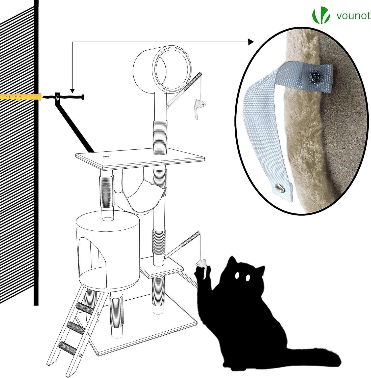 Diagram showing how to attach the cat tree to a wall using an anti-tip strap and screw
