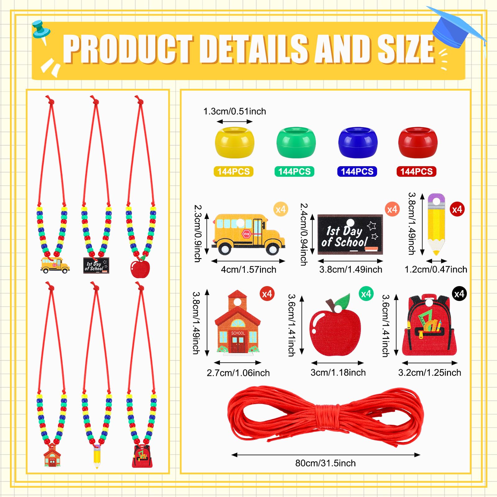 Equsion 24 Sets Back to School Bead Necklace Crafts Kit Welcome First Day of School Craft Gifts for Kids Apple Bus Shape Beads DIY Necklace Supplies Party Favor - Image 2