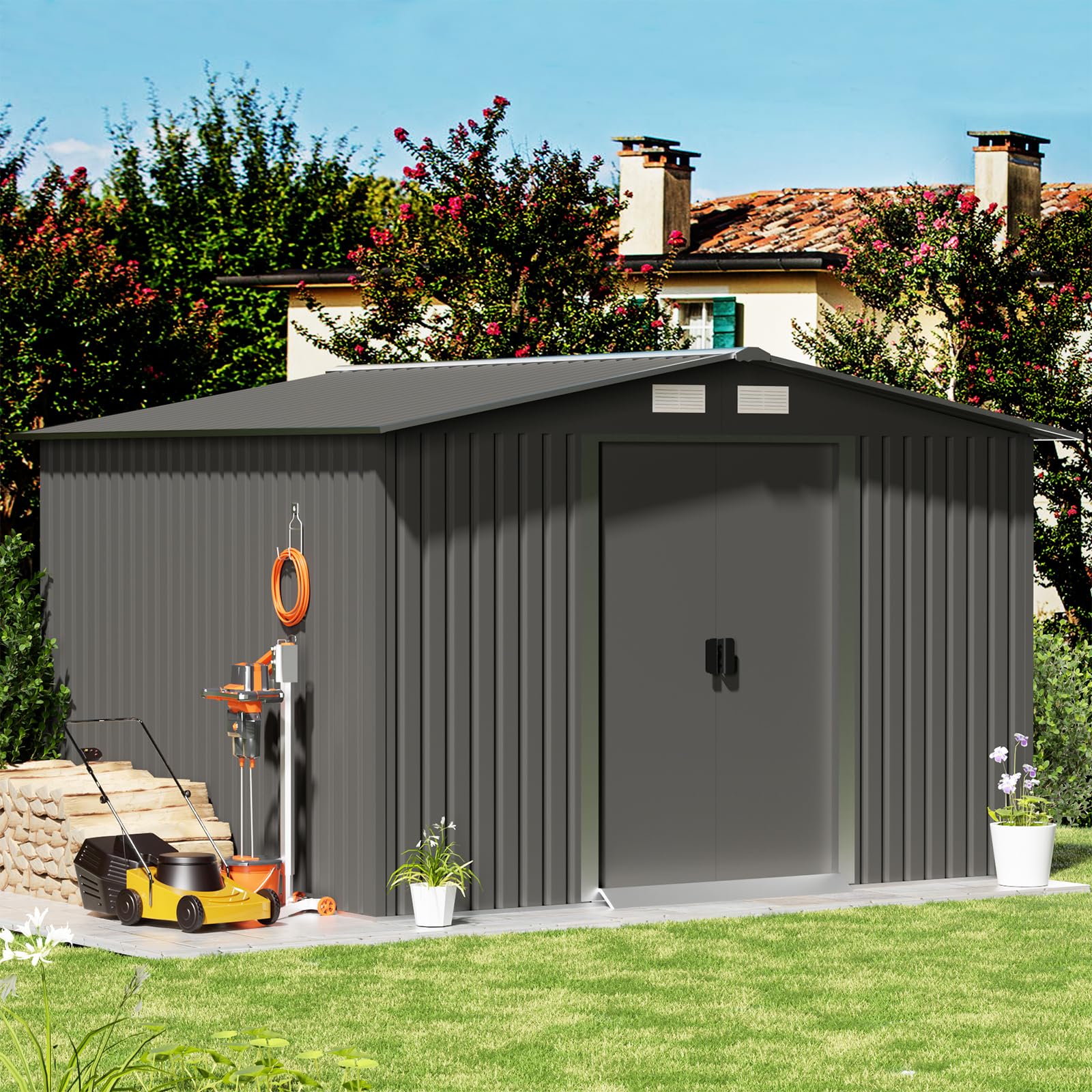 8' X 10' Outdoor Storage Shed, Garden Tool Shed with Double Sliding and Sloping Roof, Metal Shed for Backgard Patio Lawn to Store Utility and Tools, Grey