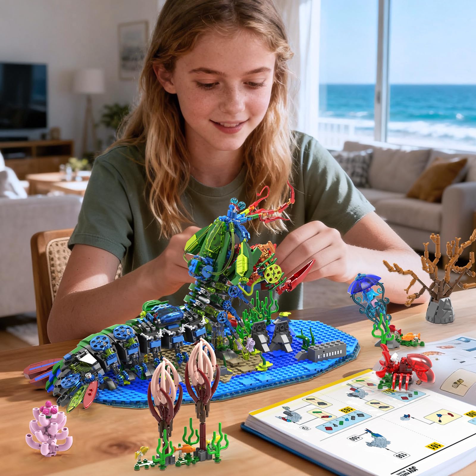 Mechanische Gottesanbeterin Garnele Bausteine Set,Meerestiere Bauspielzeug mit Miniatur Unterwasserlandschaft und LED Beleuchtung,DIY Modellbausatz für Erwachsene und Jugendliche（1843 Stück）