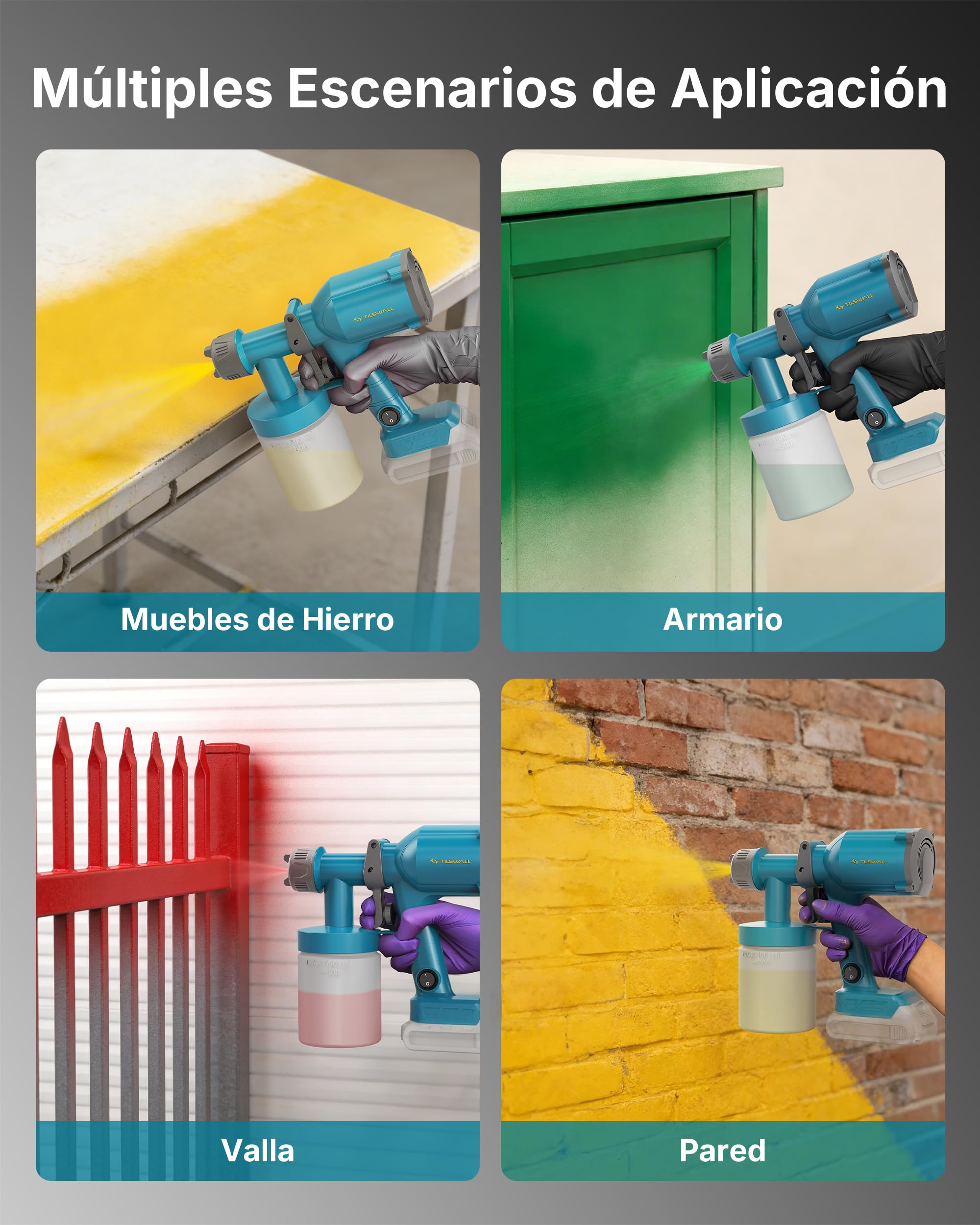 Tilswall Pistola de Pintura Eléctrica - Pistola Pulverizadora Eléctrica Inalámbrica y Ultraligera - Compatible Batería Makita 18V (No Incl.) 600ml, 2 Boquillas & 3 Modos, Para Pintar Paredes y Muebles