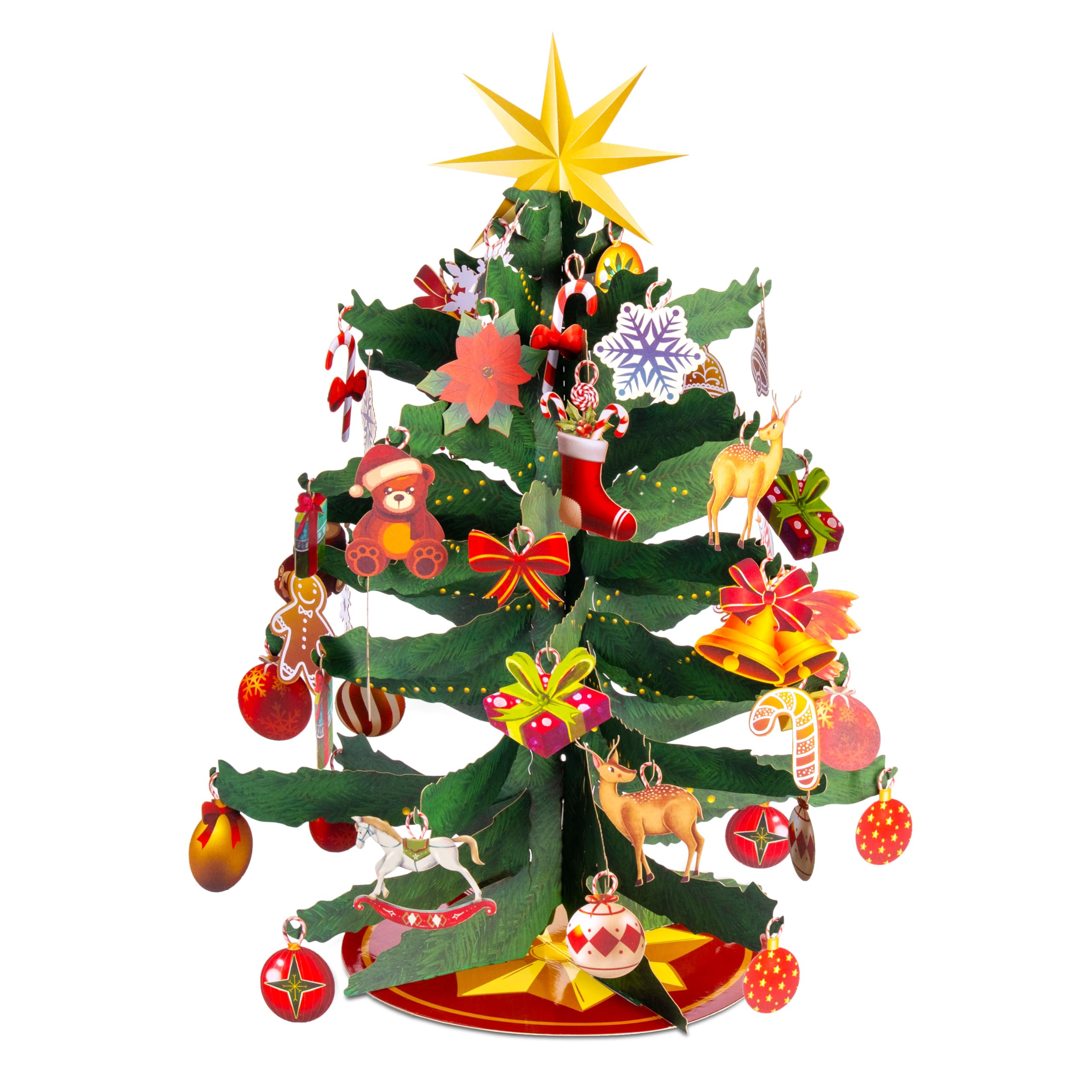 JOYIN 3D Christmas Tree Card with Ornament Cutouts, 15.7” Xmas Tree 3D Pop up Card with 56 Freshcut Paper Hanging Ornaments & Mini Card & Envelop, Holiday Greeting Card Table Centerpiece Indoor Decor