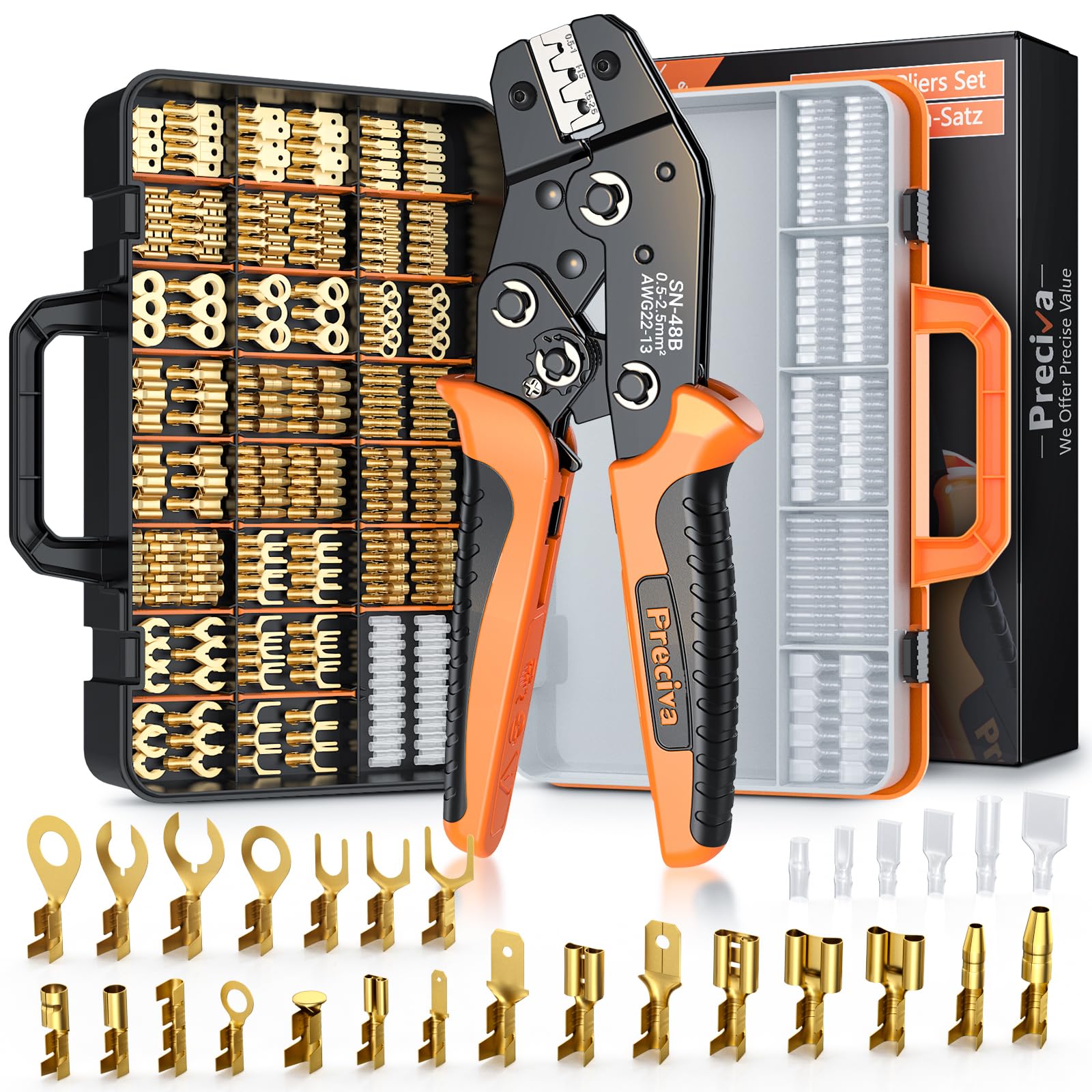 Crimpzange Flachstecker Set, Preciva Flachsteckhülsenzange 0,5-2,5 mm² Crimpzangen Krimpzange Crimpwerkzeug mit Aufbewahrungsbox und 690 Stück Flachsteckhülsen