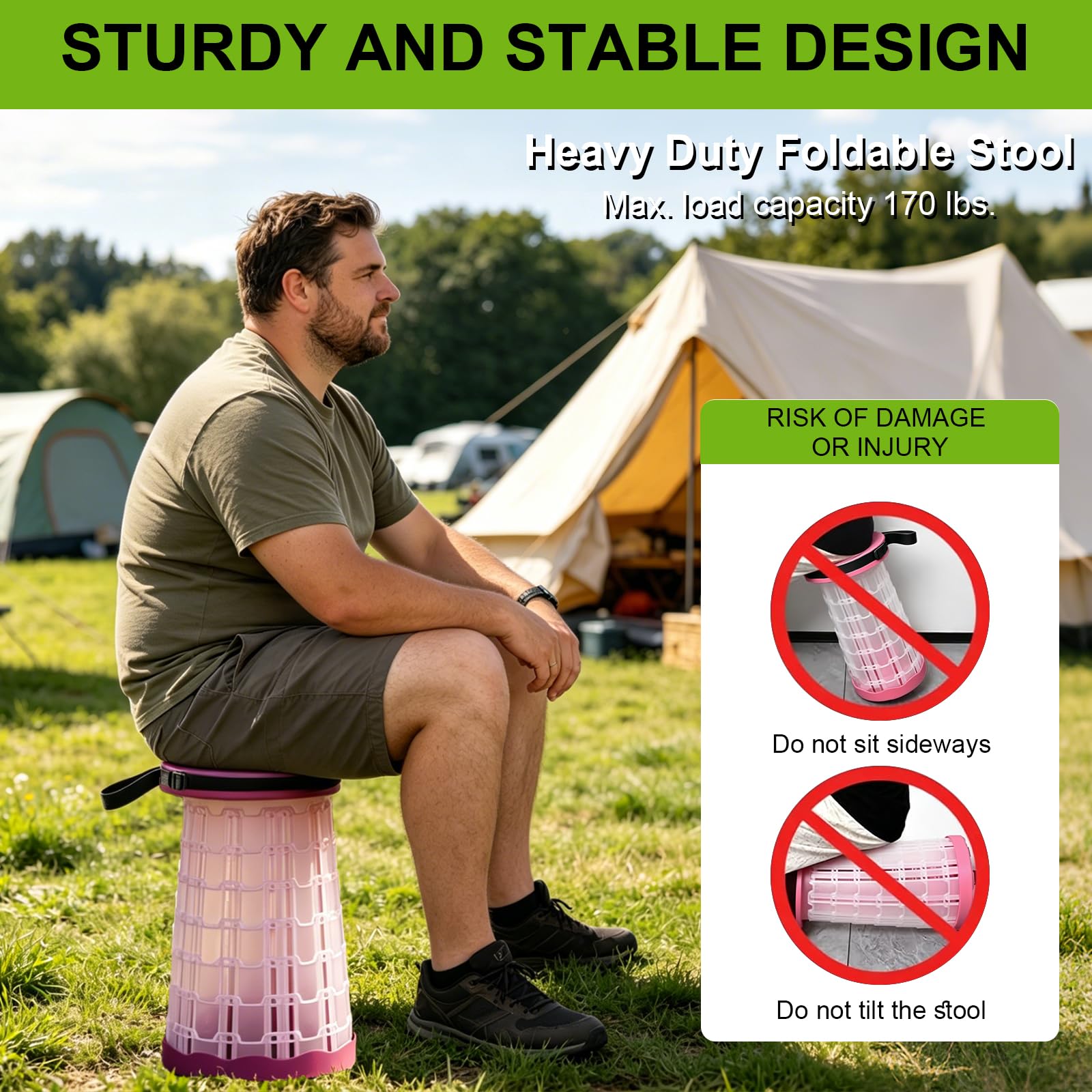 Tabouret de camping télescopique à LED, léger, pliable et portable avec lumière intégrée, pour camping, pêche, barbecue, randonnée et festivals de musique, aspect noir (aspect violet, lumière blanche)