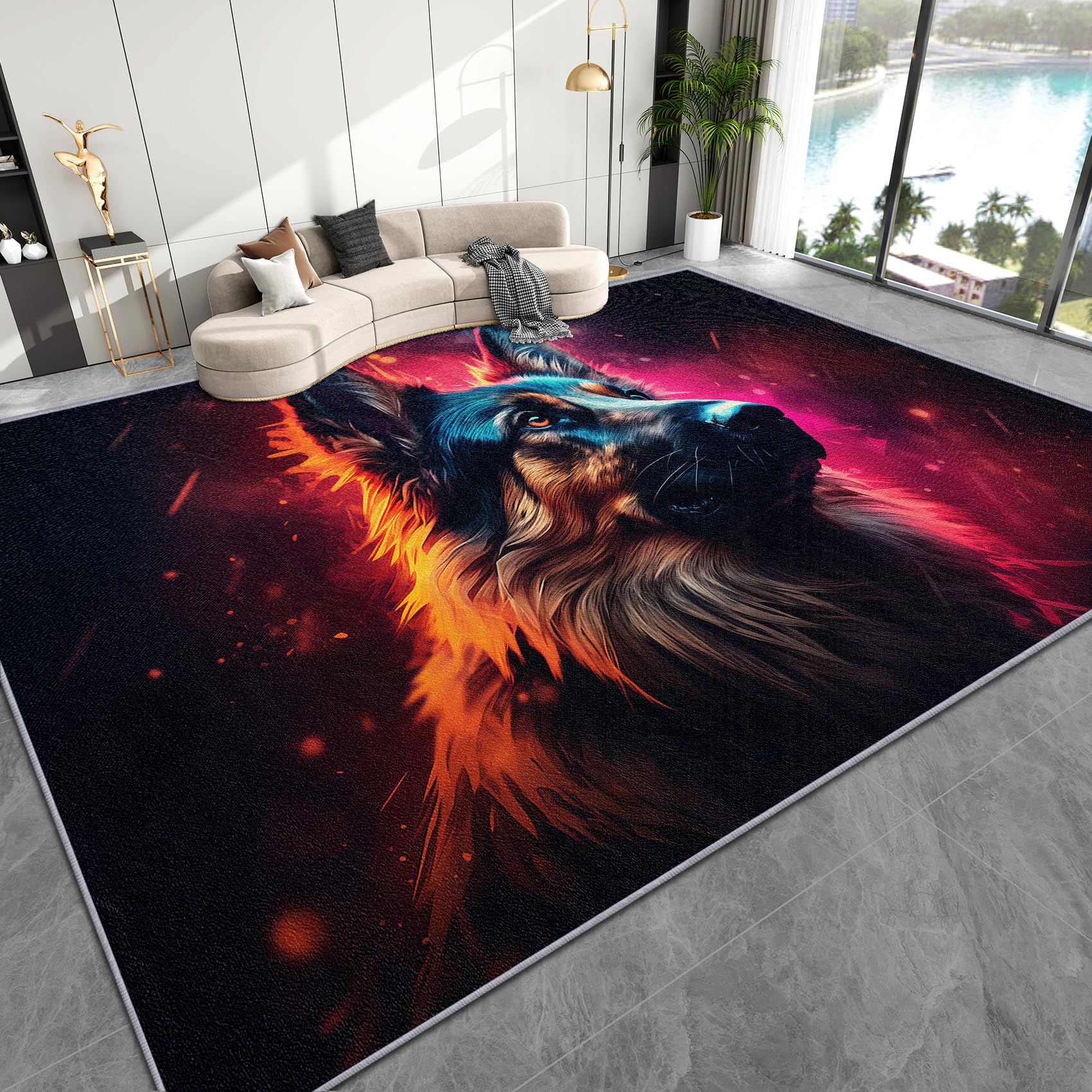 Deutscher Schäferhund Deko, Cool Hund Teppich 120x160 Kurzflor, Teppich Wohnzimmer Hundemotiv, Weich rutschfest Waschbare Teppiche, Bettvorleger Schlafzimmer Kinderzimmer