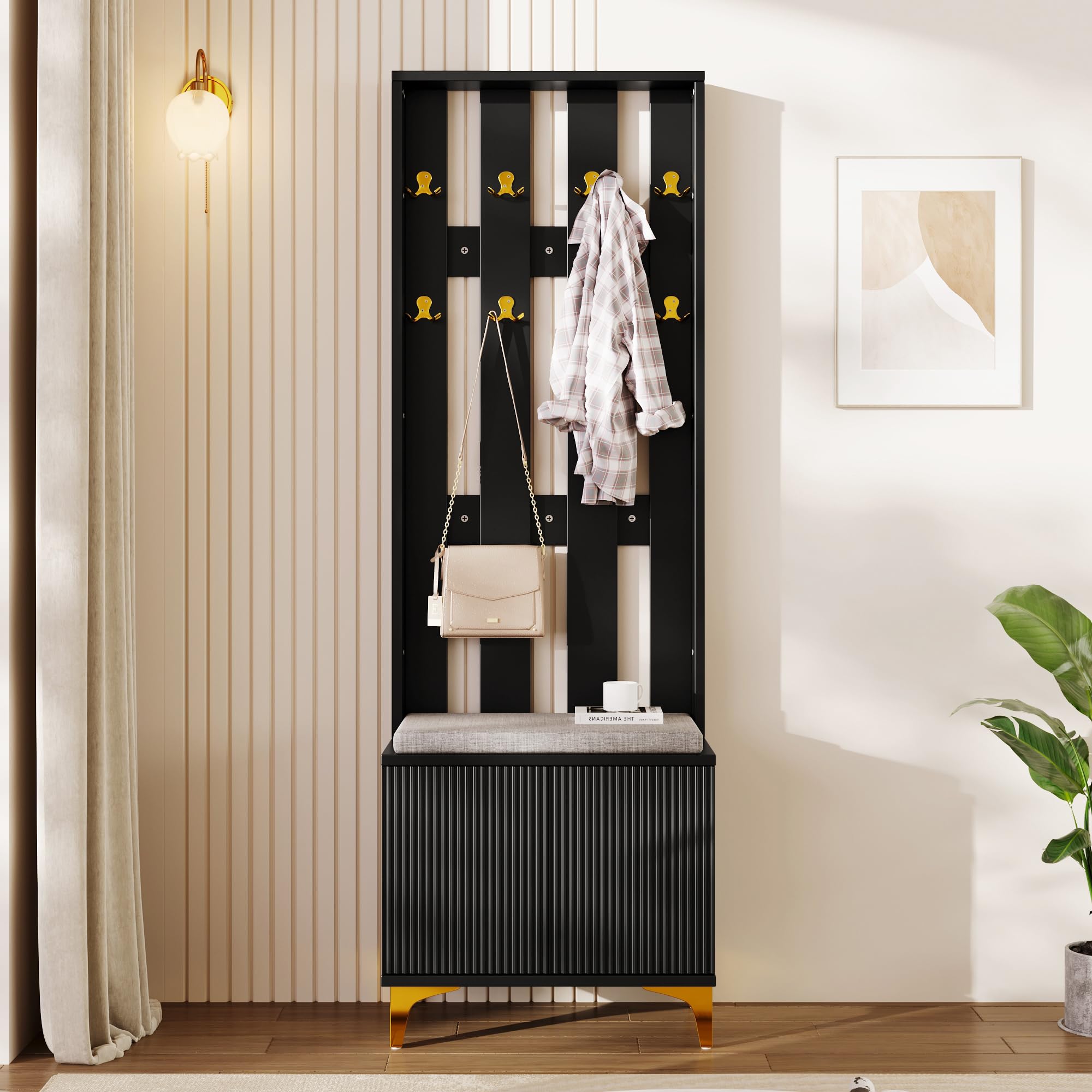 ModernLuxe Coat Rack with Shoe Storage, Elegant Coat Stands for Hallway, Stylish Wardrobe Set with 8 Coat Hooks, Soft Cushion and Shoe Cabinet, Sturdy Wooden Clothes Rail with Bench Seat, Black