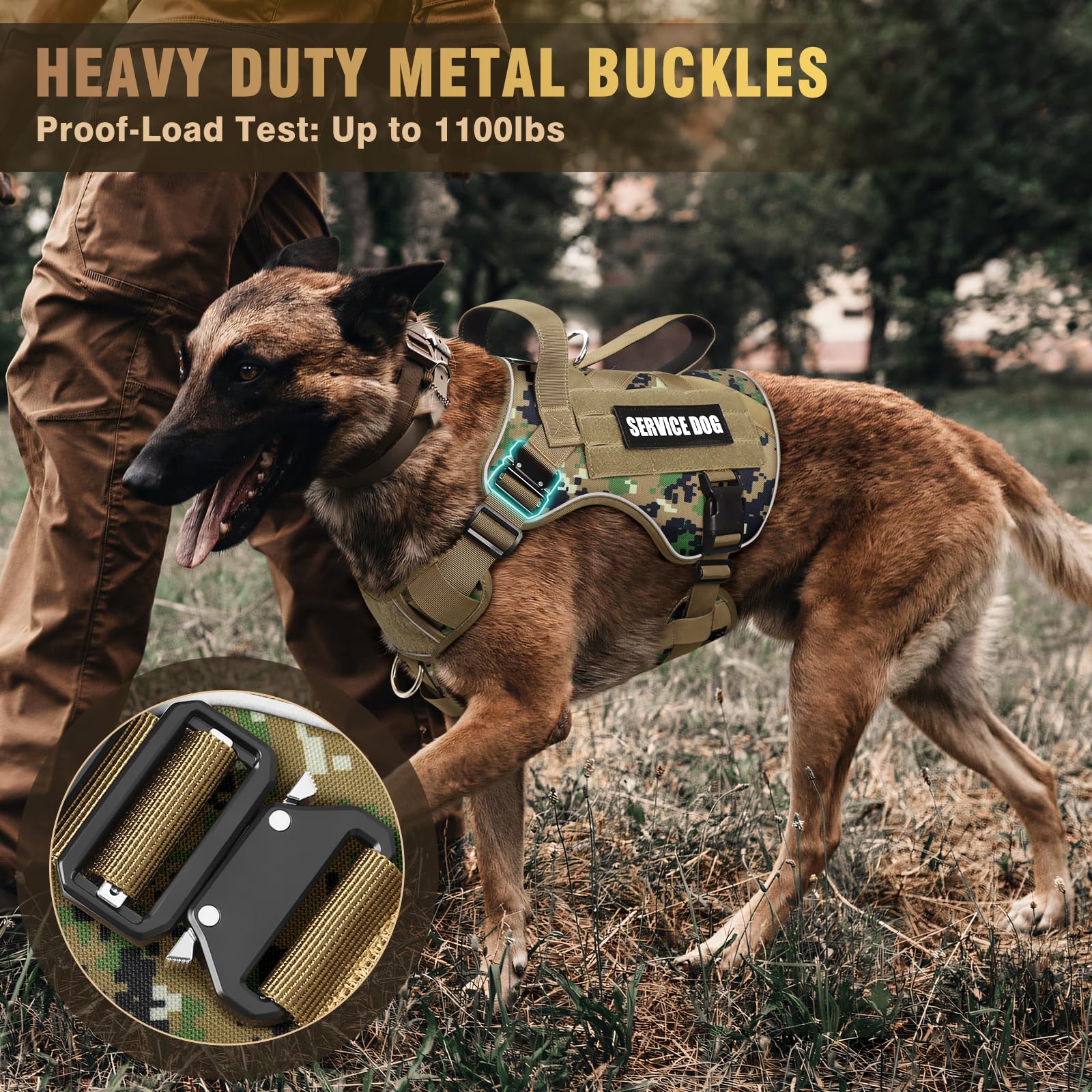 WINSEE Arnés táctico para Perros Grandes, Chaleco MOLLE de Trabajo de Servicio con 10 Parches para Mascotas, 2 Hebillas de Metal, arnés Resistente para Entrenamiento, Caza y Caminata