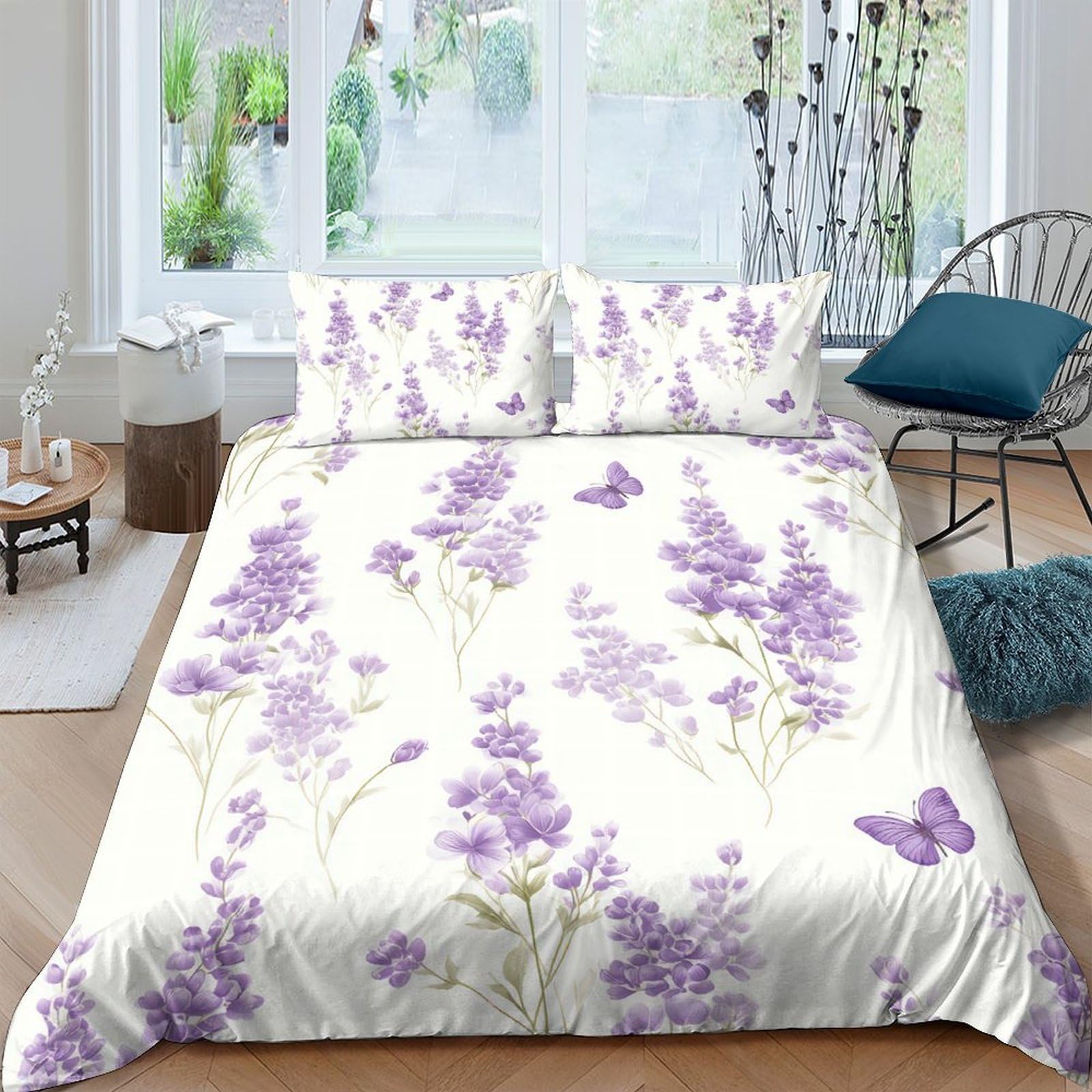 GPLZQXKJNH 3D Printed Lavender Floral Duvet Cover Microfiber Soft Breathable Butterfly Quilt Cover Set with 2 Pillowcases for Bedroom Decor Single（135x200cm）