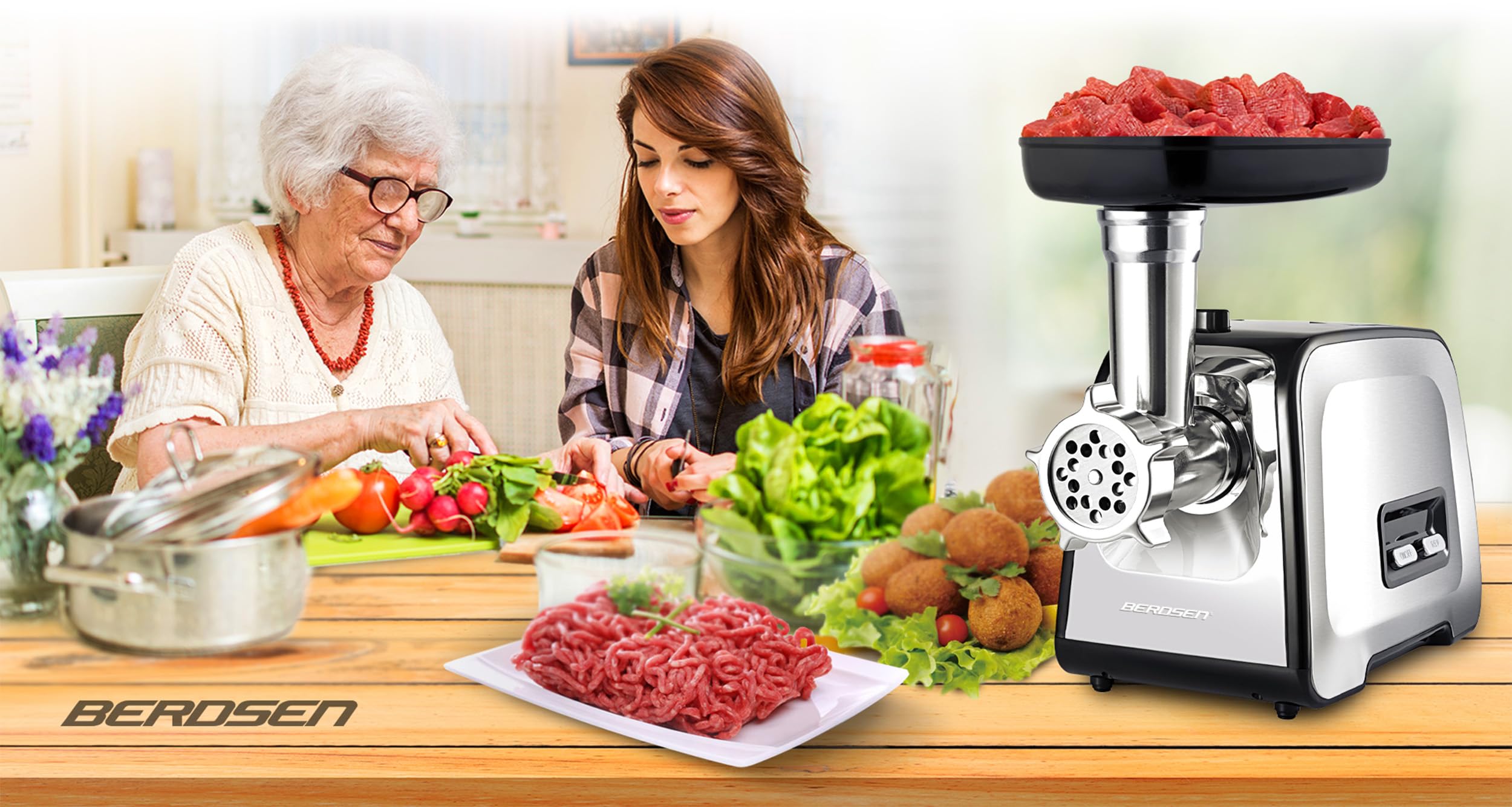 Berdsen Picadora de carne, juego eléctrico con accesorios, accesorios, accesorio para salchichas, hoyos, trituradora, 450/1200 W, plata