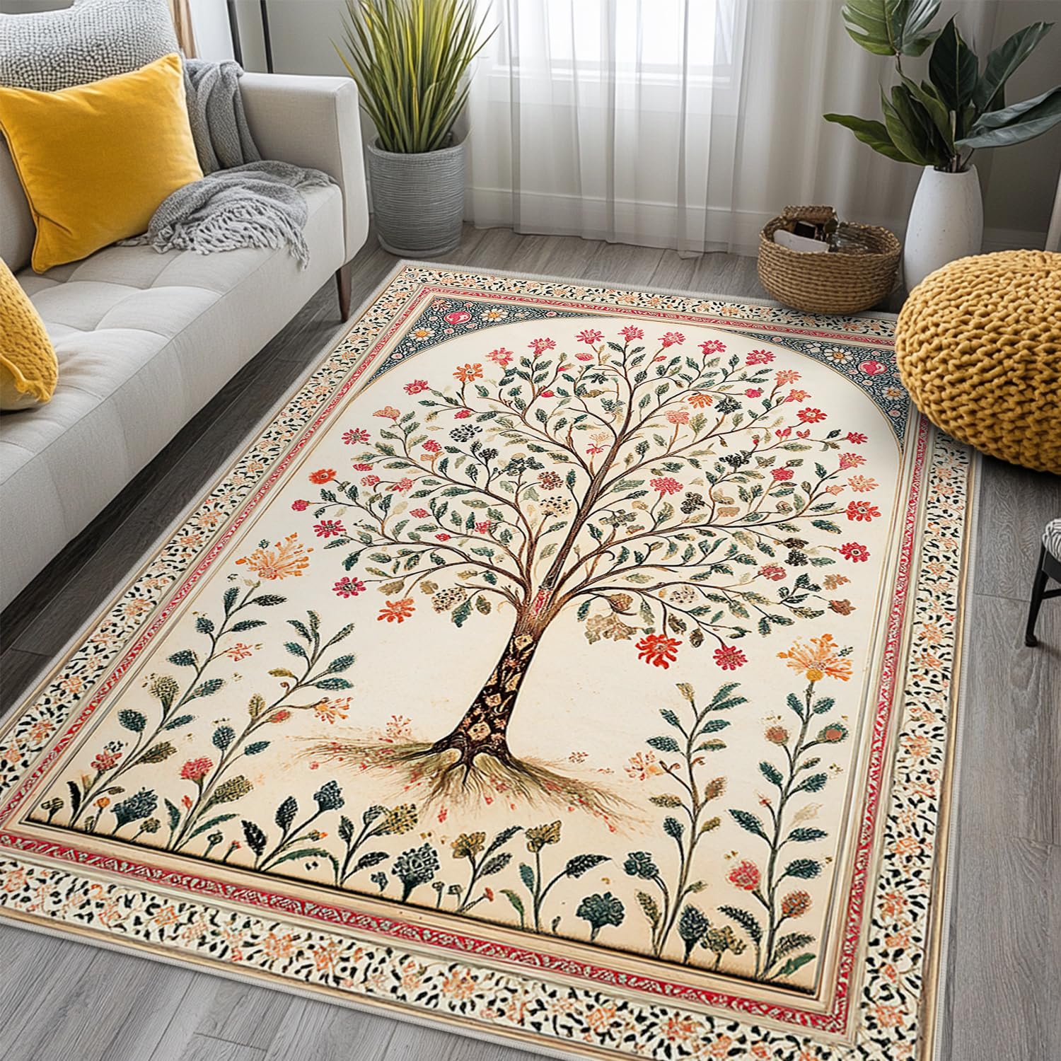 6x9 Botanical Tree Area Rugs Boho Beige Floral Rug for Living Room Indoor Soft Non-Slip Thin Carpet Modern Abstract Flower Rugs for Dining Room Office