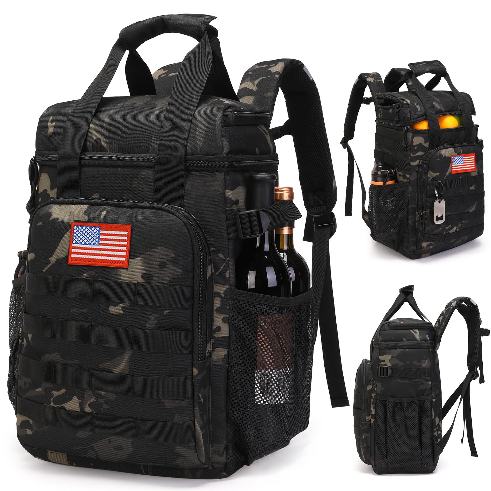 Tactical Backpack Cooler,Lunch Backpacks for Men Work with Handle?Soft Cooler Backpack Insulated Waterproof Leak Proof?Heavy Ice Chest Backpacks for Hiking Camping(Black Camo)