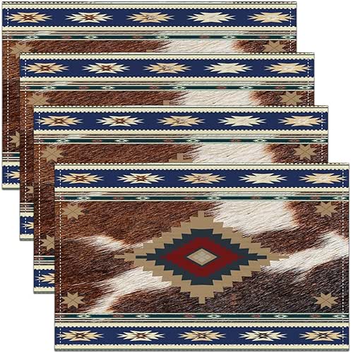 Aztec Table Place Mats 18"x12" Western Cowhide Print Placemats Set