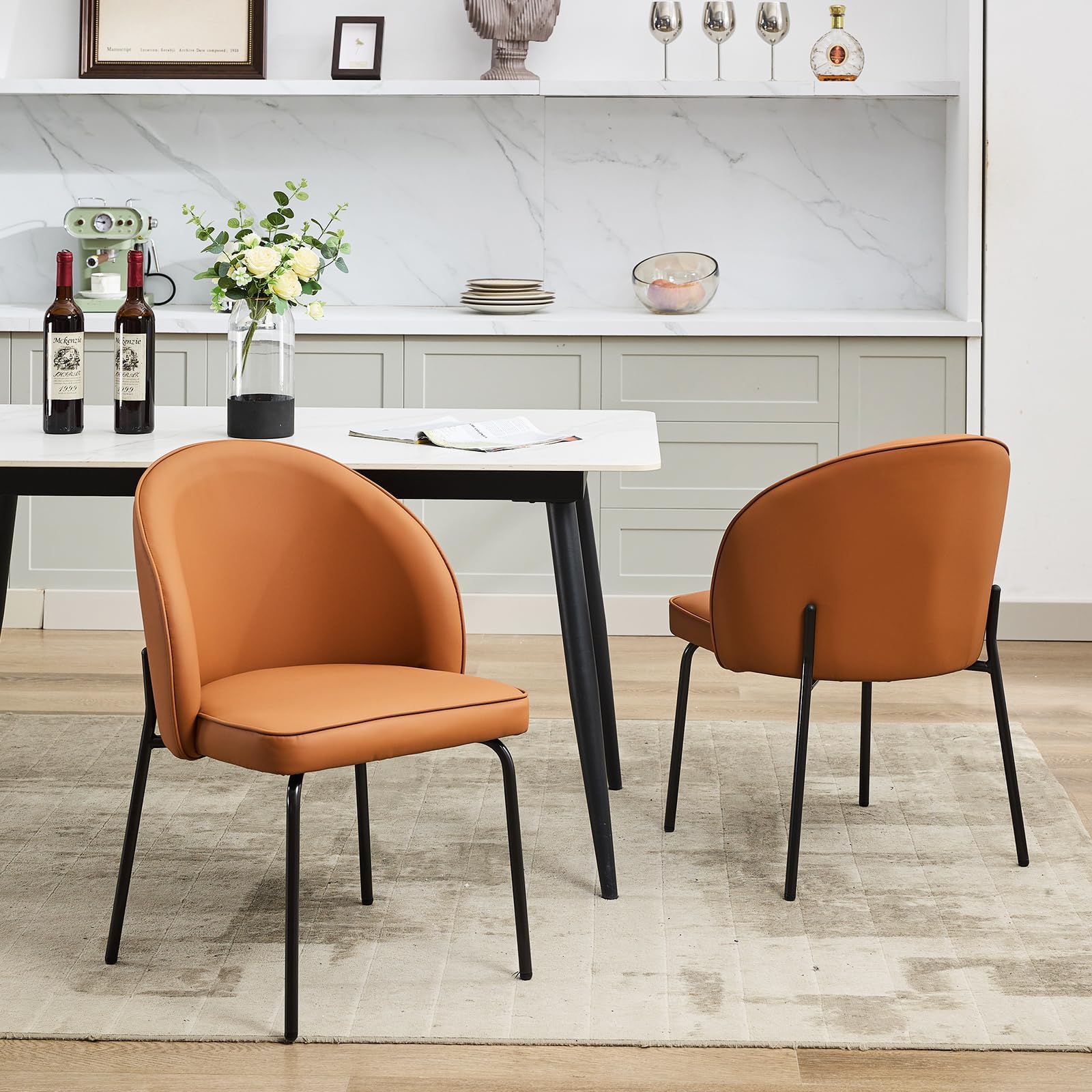 VivoLiving Modern Dining Chairs Set of 2, Leather Upholstered Dining Chairs with Thick Cushion and Metal Legs for Living, Kitchen, Dining Room, Brown