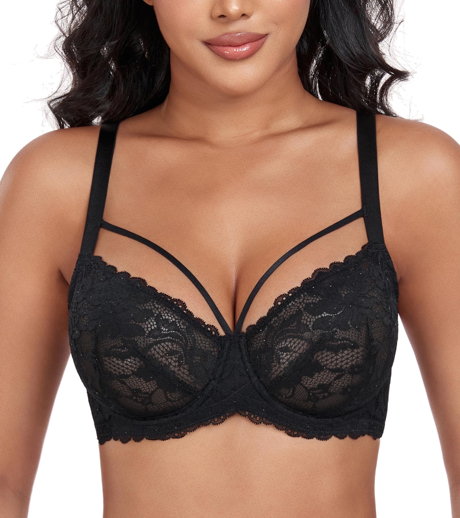 DotVol Women's Plus Size See Through Sexy Lace Bra with Strappy Underwire Everyday Bra