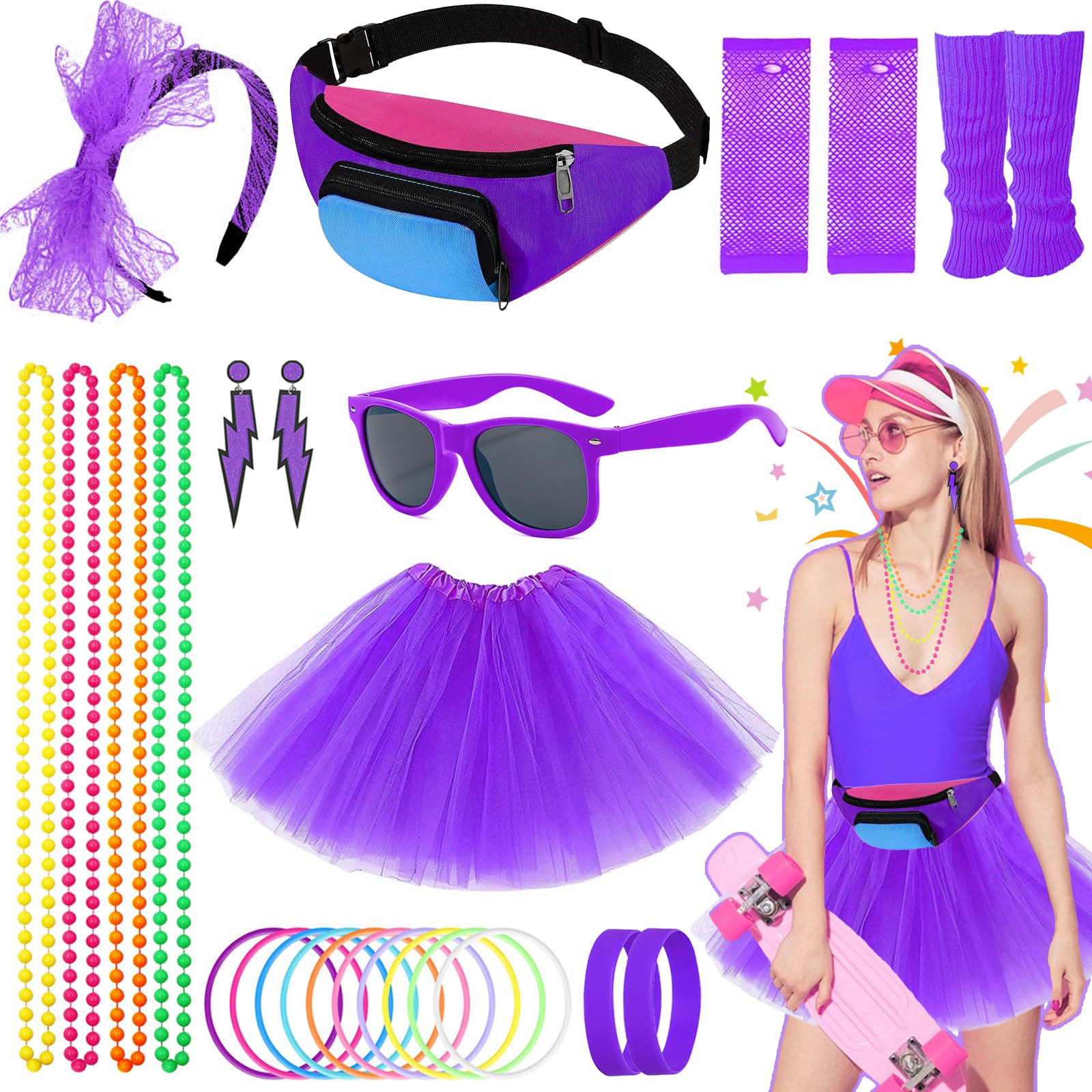 80s Fancy Dress Accessories Set for Women, 26Pcs Party Costume including Bumbag Tutu Skirt Leg Warmer Earrings Fishnet Gloves Necklace Glasses Bracelet Headband, Neon Outfit for 80s Party (purple)