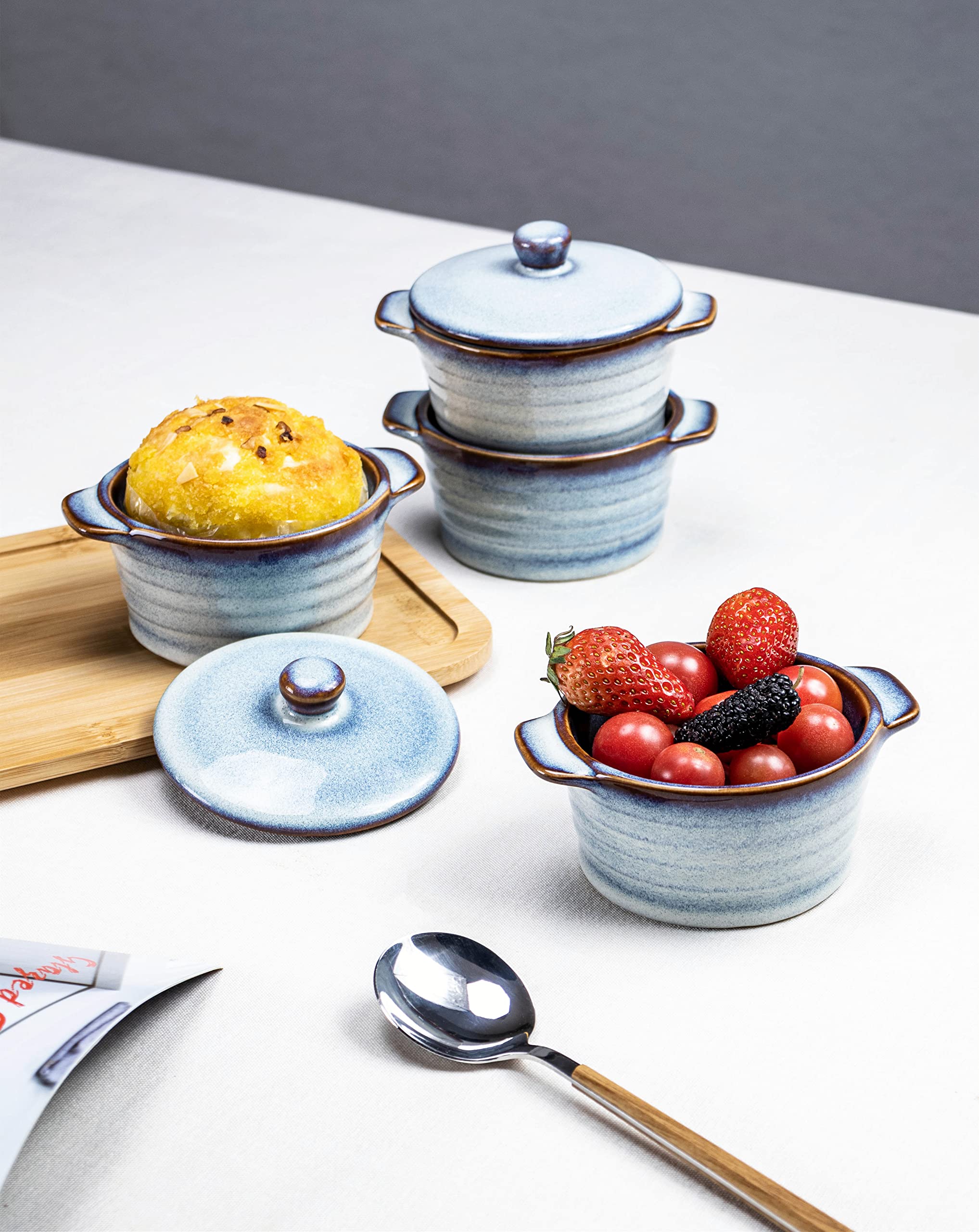 Ramequins en Céramique avec Couvercle, 4 Cocottes pour Soupe, Crème brûlée et Souffle, Passent au Four, Ramequins – Bleu