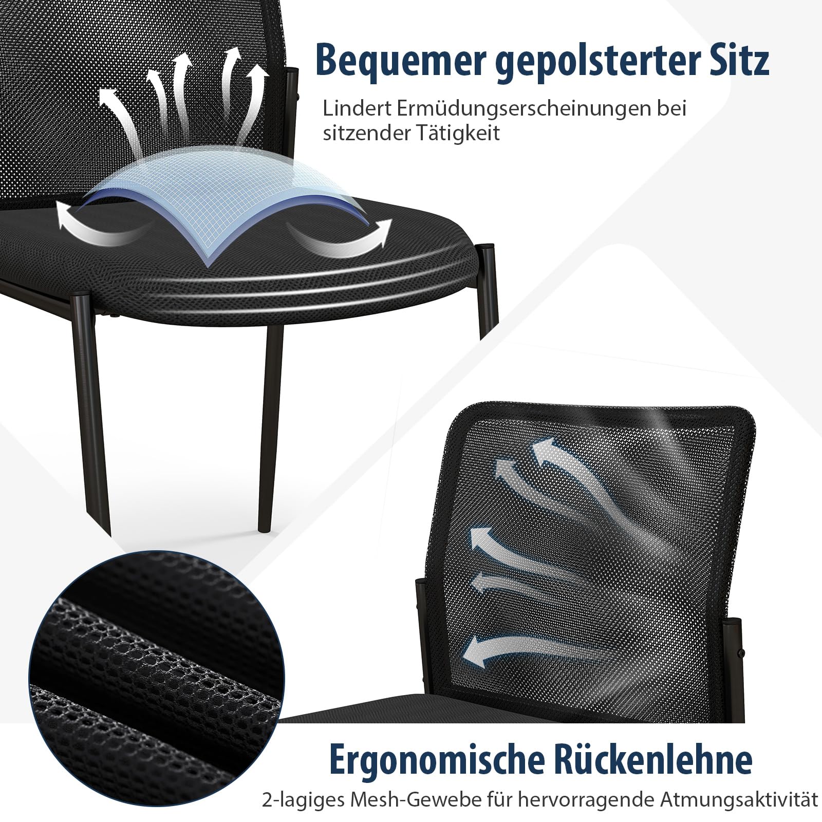 COSTWAY Konferenzstühle 2er Set, stapelbare Besucherstühle ohne Armlehnen, Bürostühle bis 150 kg belastbar, für Büro, Konferenz, Empfang, Schwarz