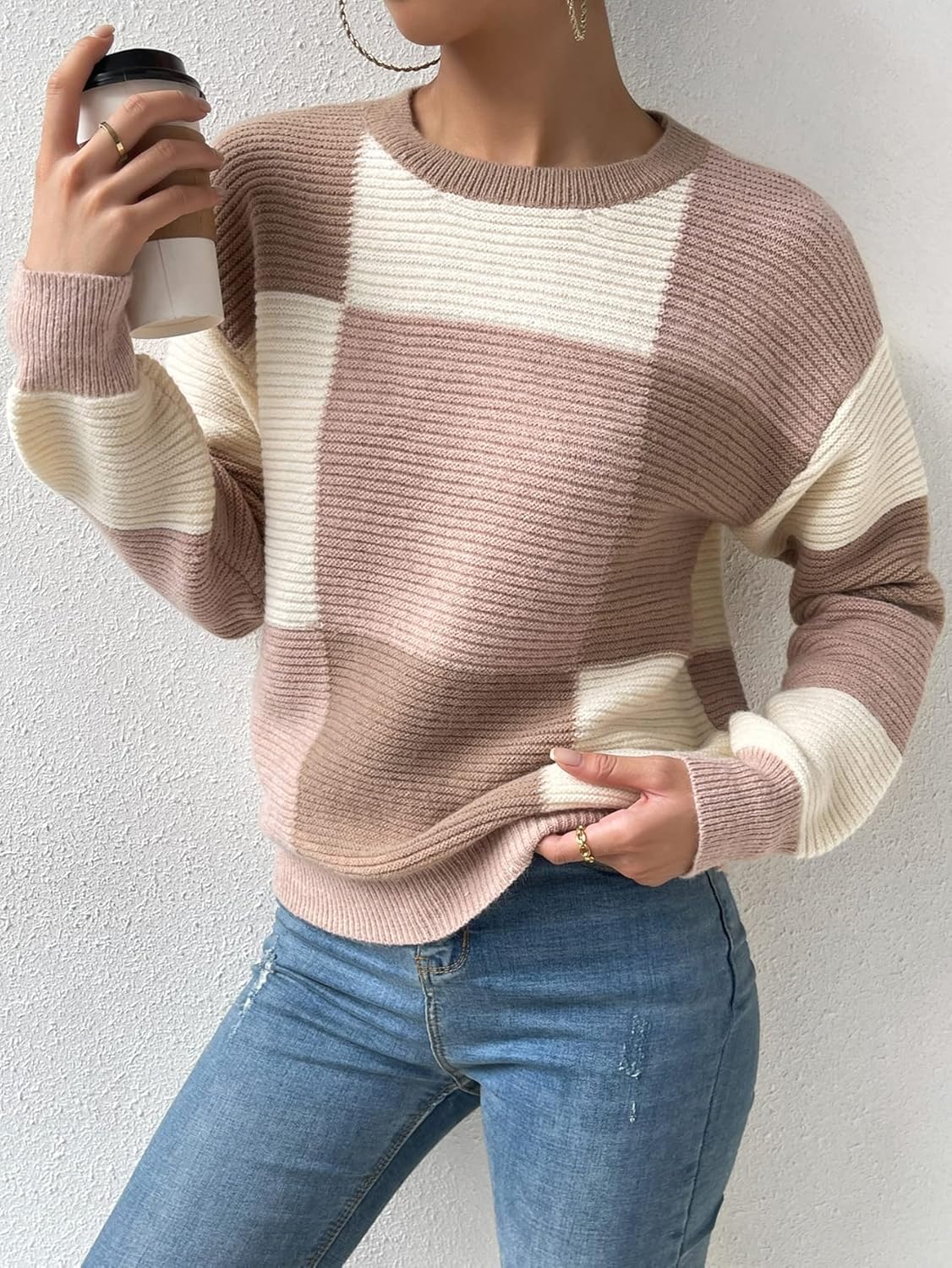Women's Sweater Colorblock Drop Shoulder Sweater Sweater for Women (Color : Multicolor, Size : Medium)