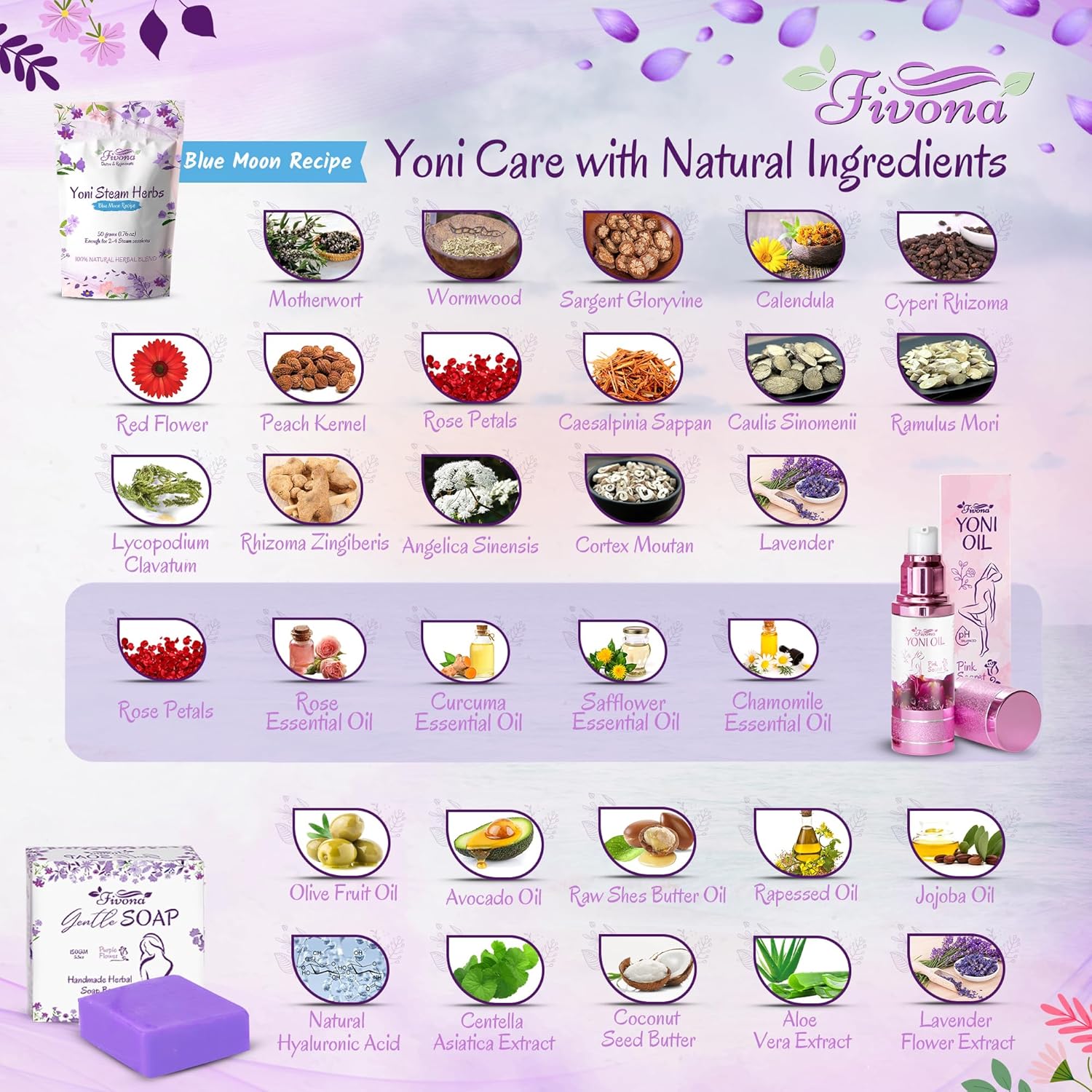 FIVONA Yoni Care Kit 6 in 1 - pH Balanced Natural Yoni Oil, Herbal Soap Bar for Feminine Wash, Detox V Steam Herbs Blue Moon, Foldable Sitz Bath Steam Pot, Hand Flusher and Drawstring Storage Bag